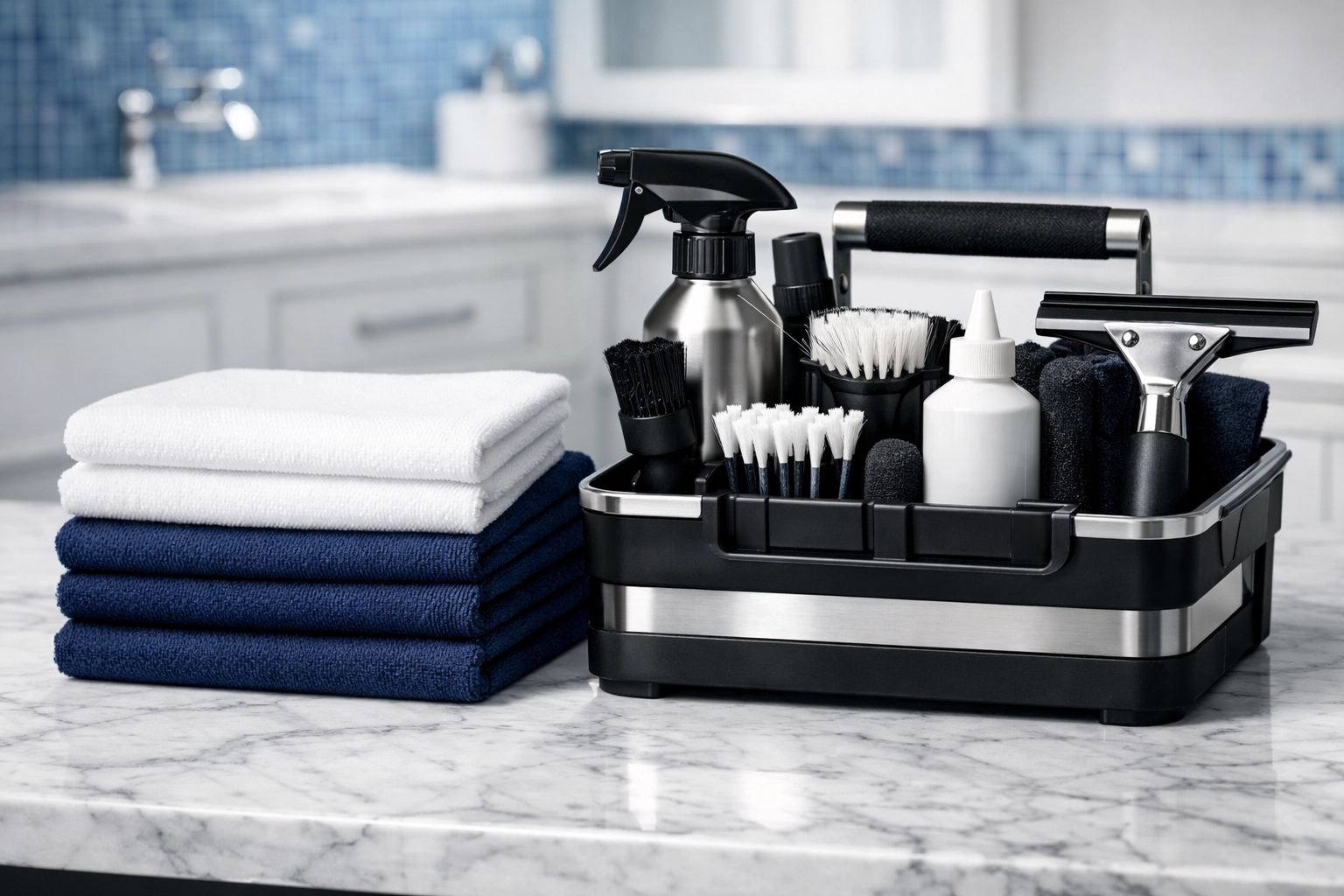 Professional cleaning supplies and microfiber cloths ready for high-quality house cleaning Ashburnham MA.