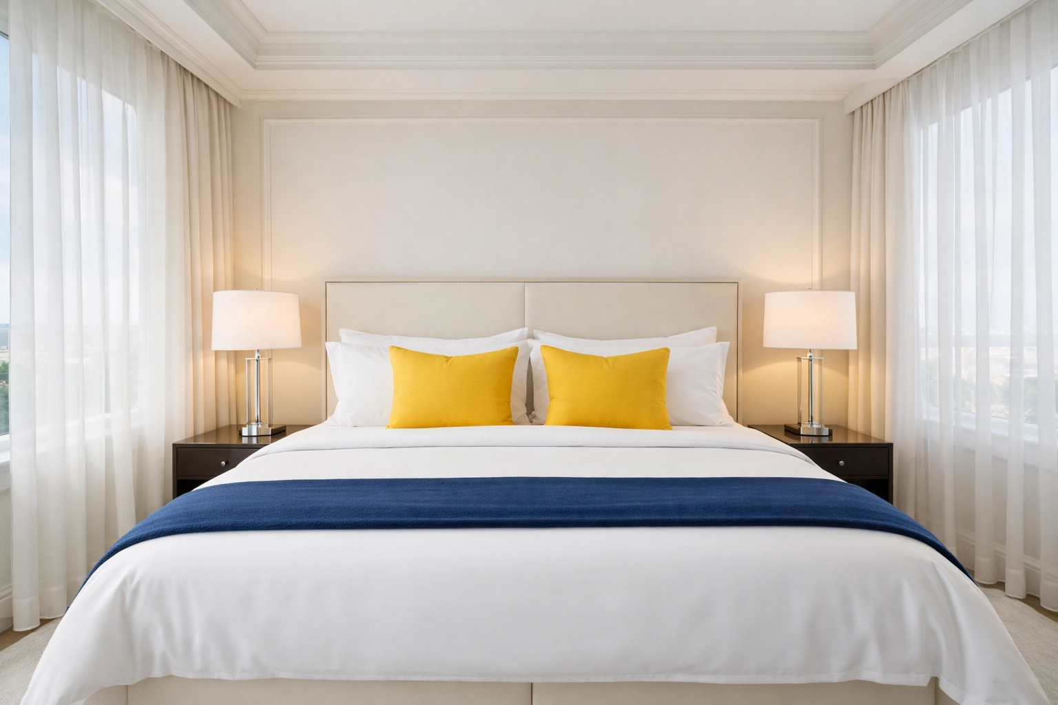 A professionally cleaned master bedroom with crisp white linens and minimalist staging for potential buyers.