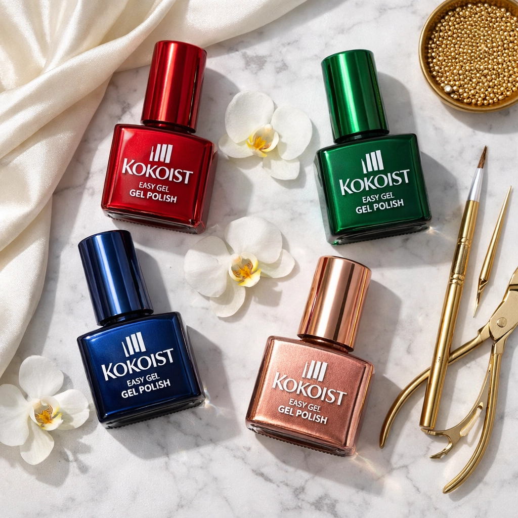 KOKOIST premium Japanese gel polish bottles and luxury nail tools on marble surface