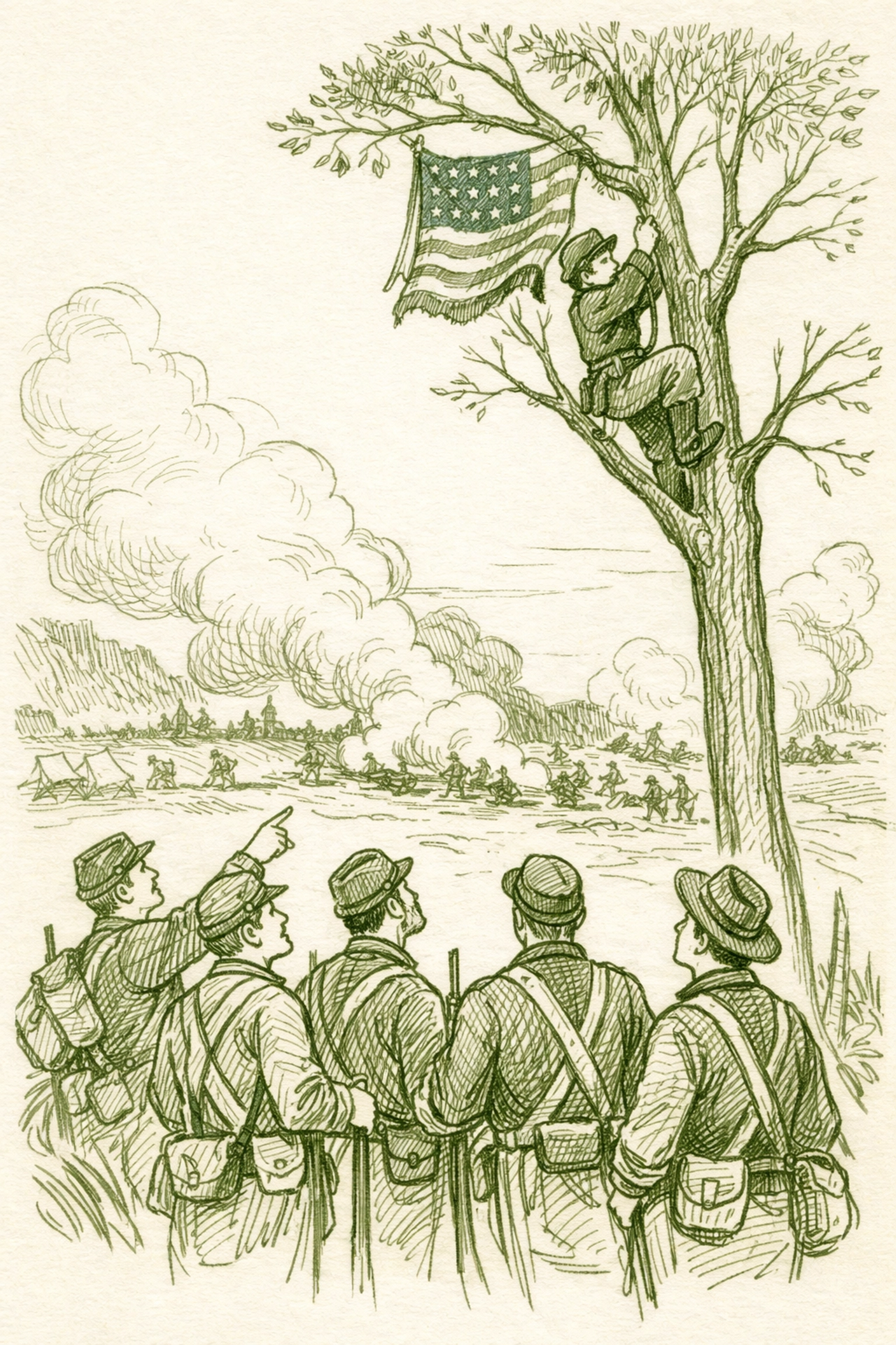 Albert Cashier rescuing regiment flag during Civil War battle, showing bravery as transgender soldier