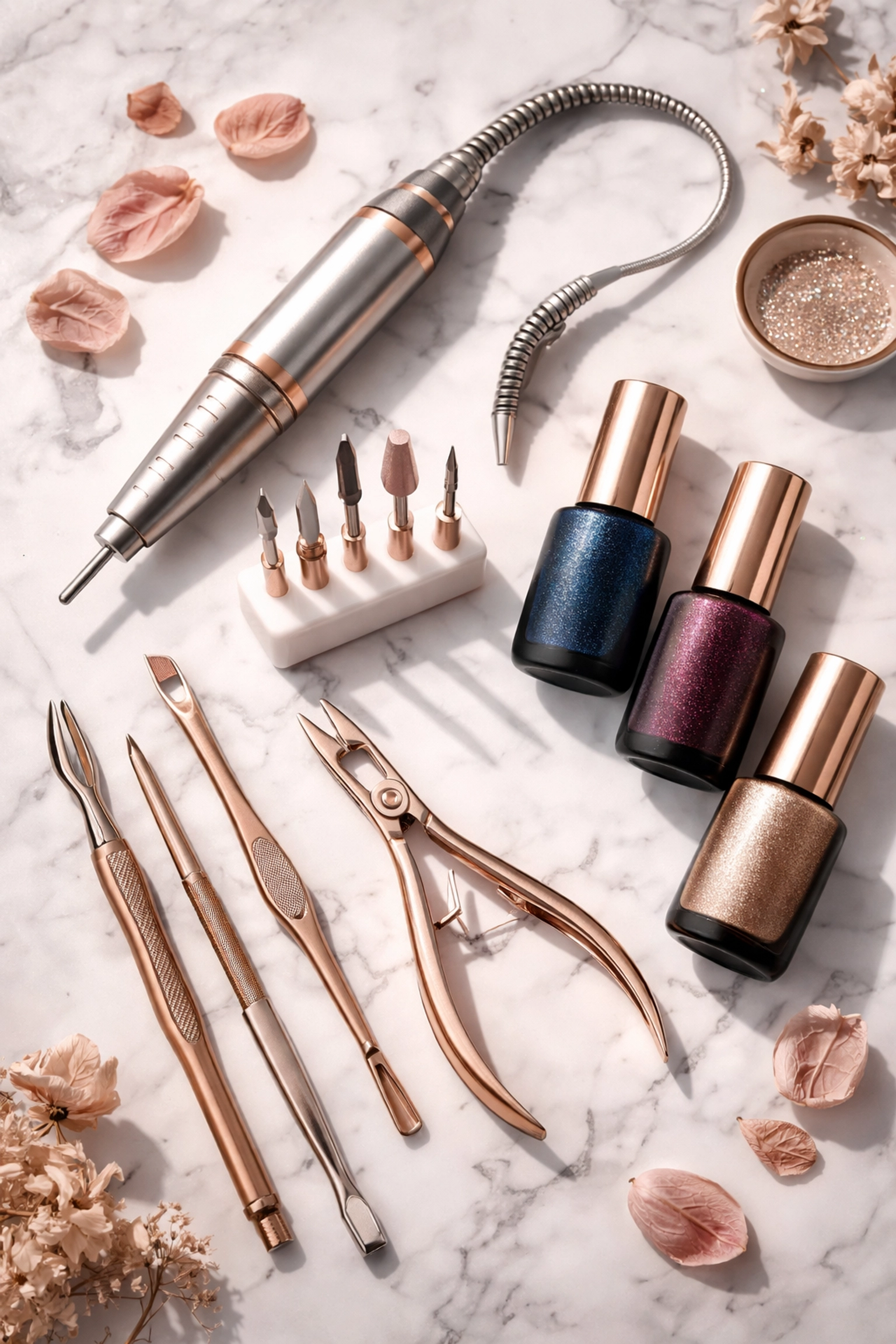 Professional Russian manicure tools and magnetic gel polish bottles at a Massachusetts nail salon