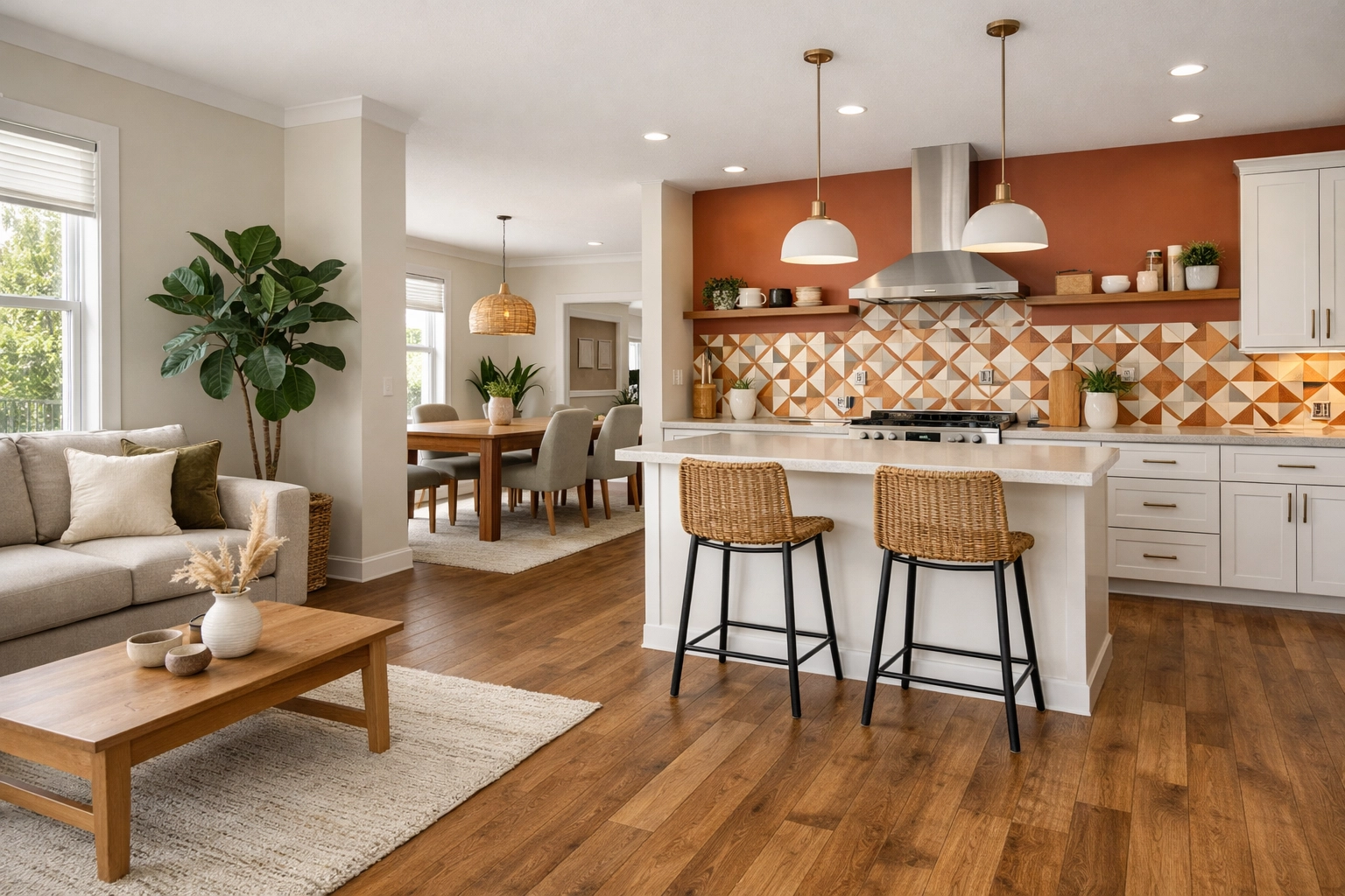 Complete Orlando home interior renovation showing coordinated flooring, paint, and tile design