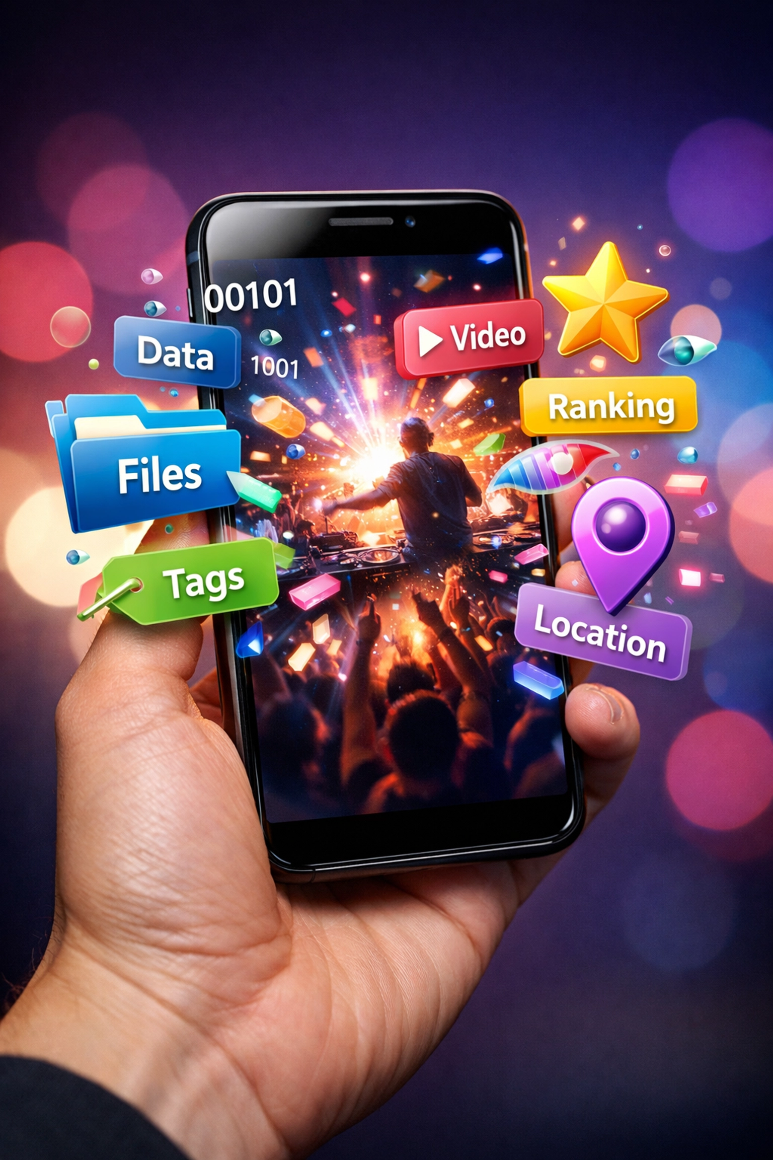 Smartphone screen with digital metadata labels illustrating how search engines index short-form video content.