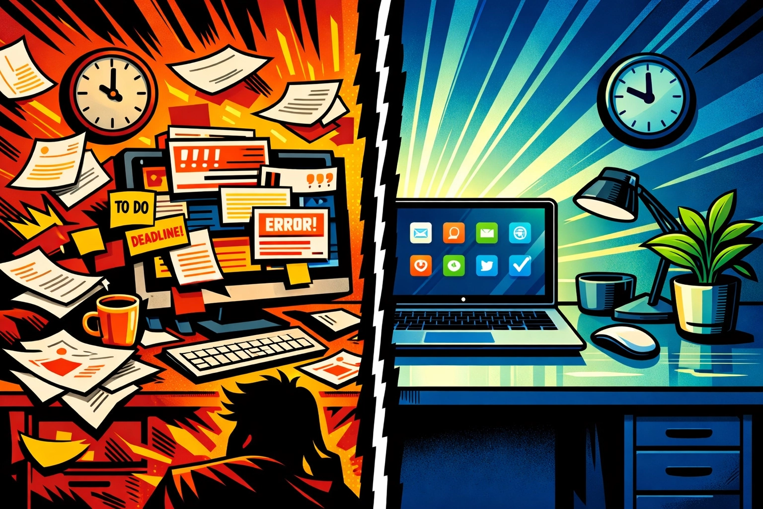 Chaotic desk transforms into organized workspace through business automation