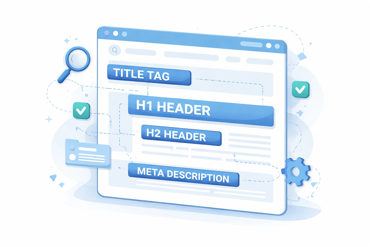 Illustration of webpage elements like title tags and meta descriptions showing on-page SEO best practices