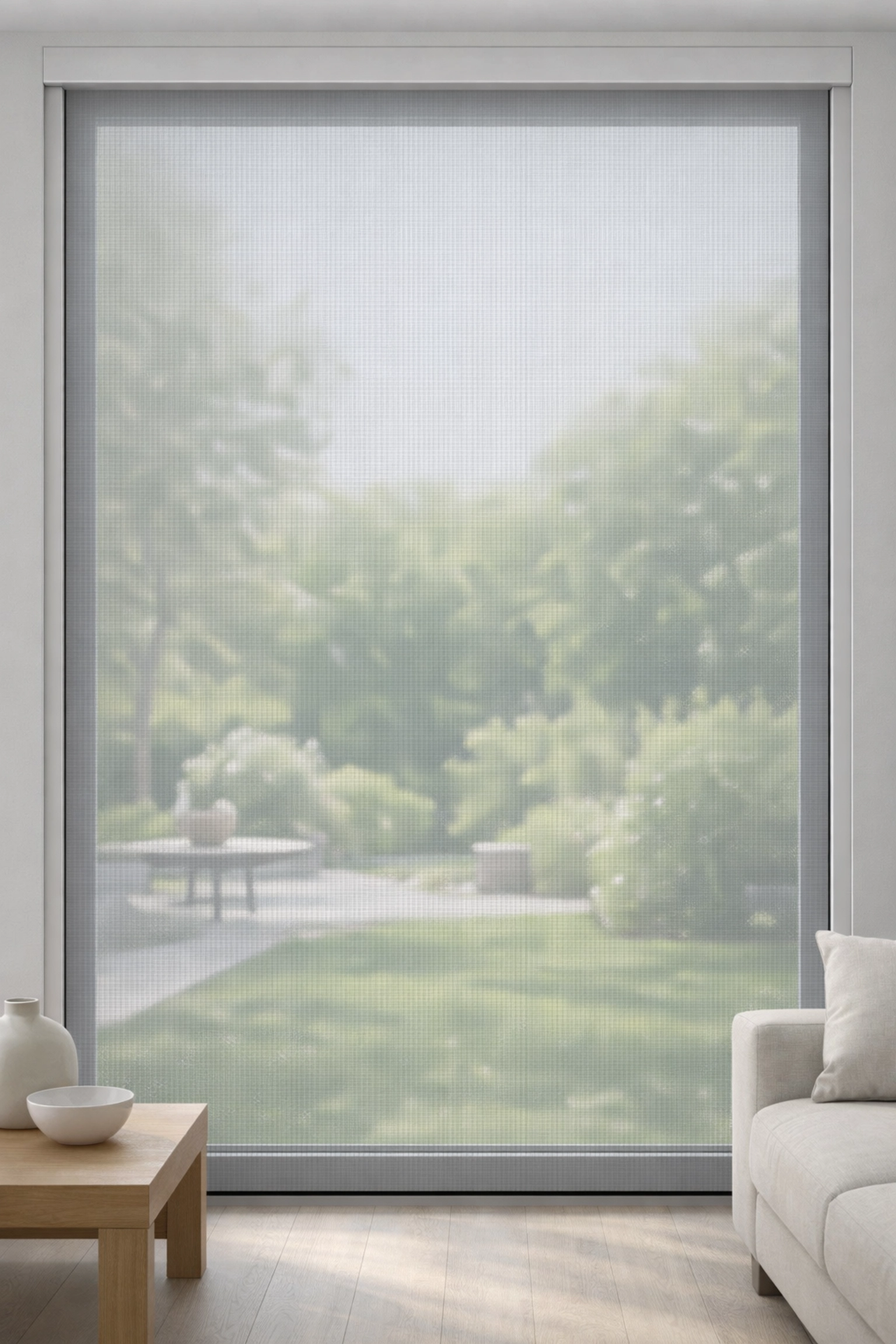 Zip Screen als kombinierter Sonnenschutz und Insektenschutz Wien mit transparentem Sichtschutz.