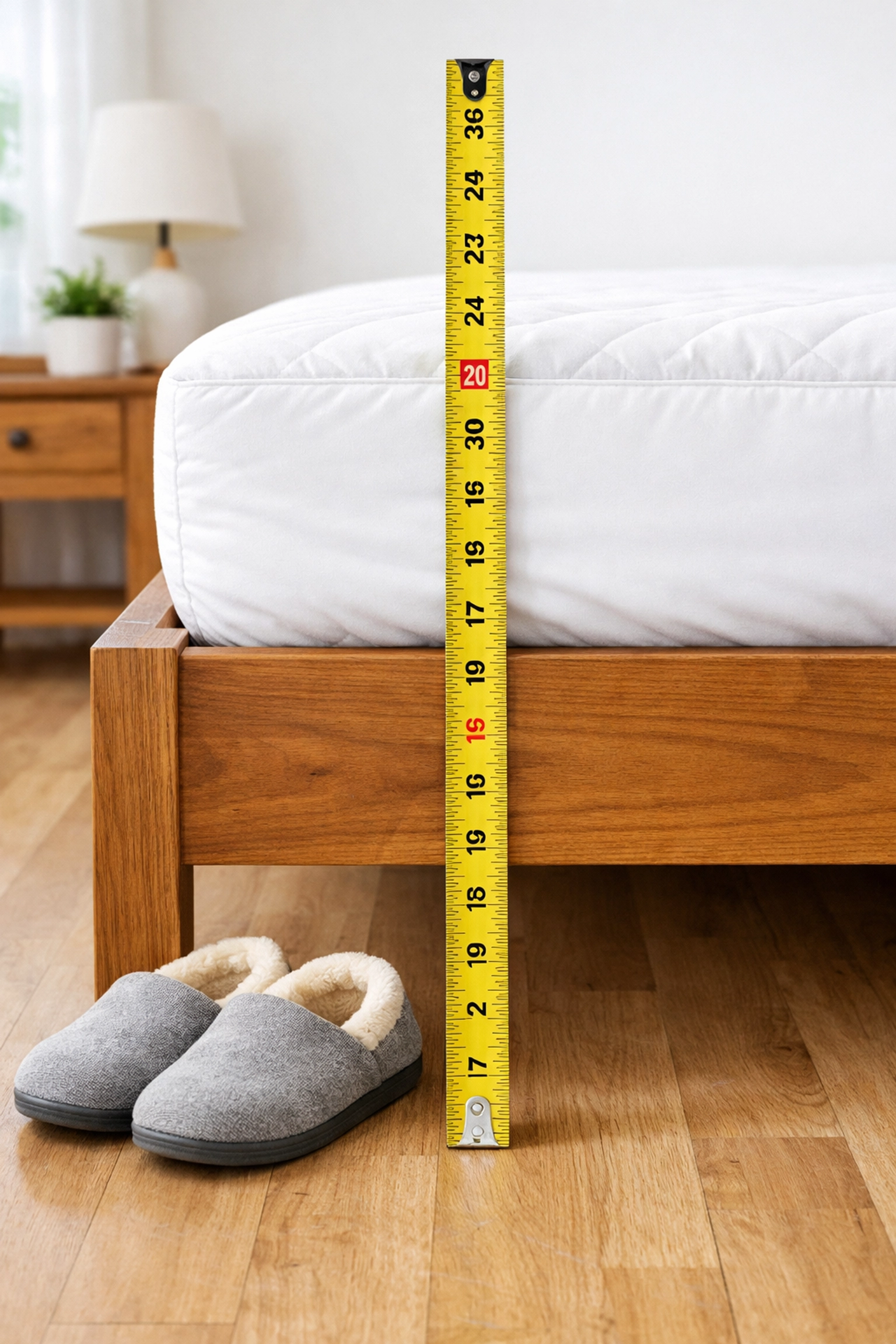 Measuring tape showing proper bed height measurement from floor to top of mattress