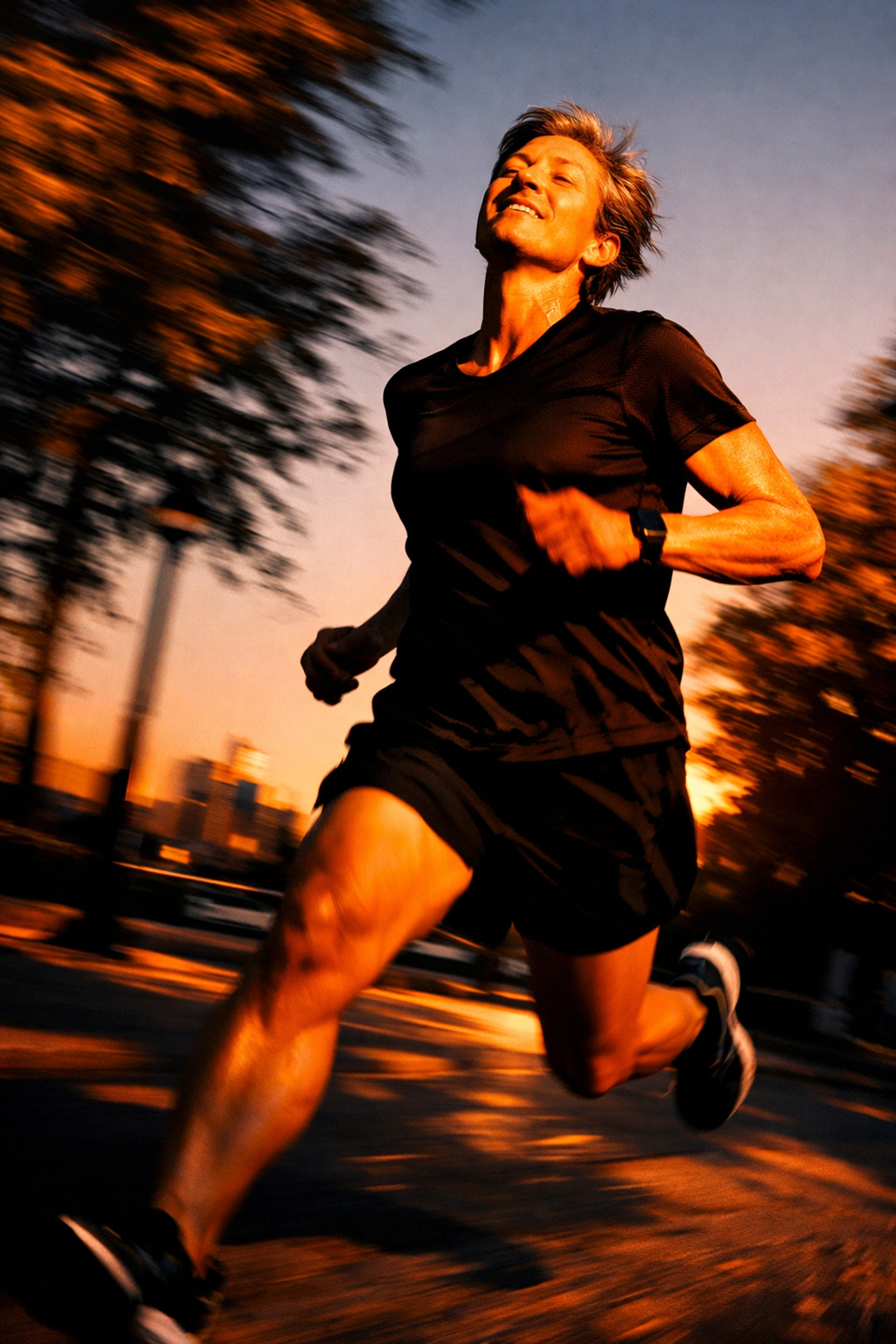 Smiling runner in their 40s on an easy day run in a sun-drenched city park, motion blur in the background, wearing minimalist black gear with orange accents, not looking at a watch.