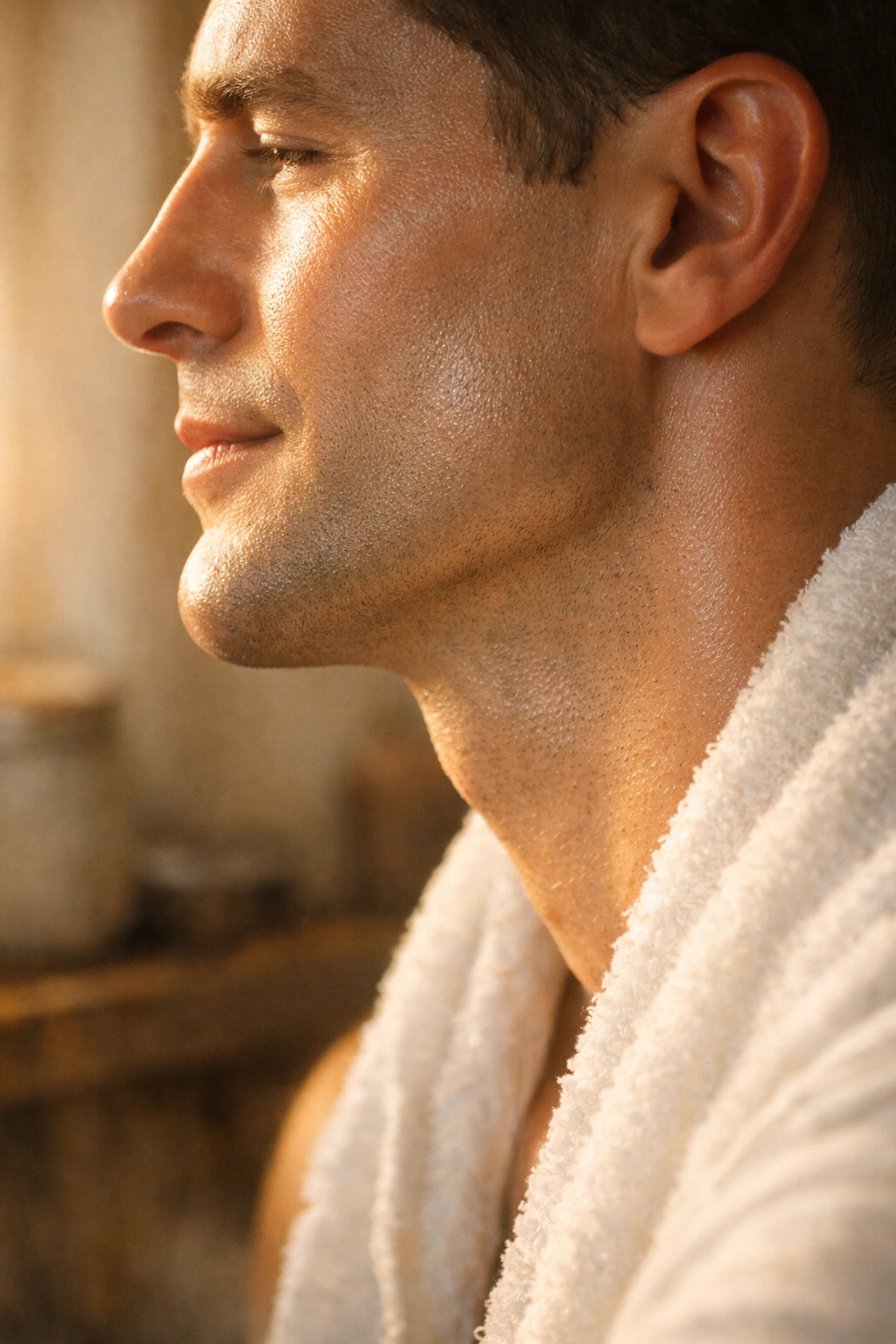 Man's smooth freshly shaved face showing comfortable skin after using tallow balm