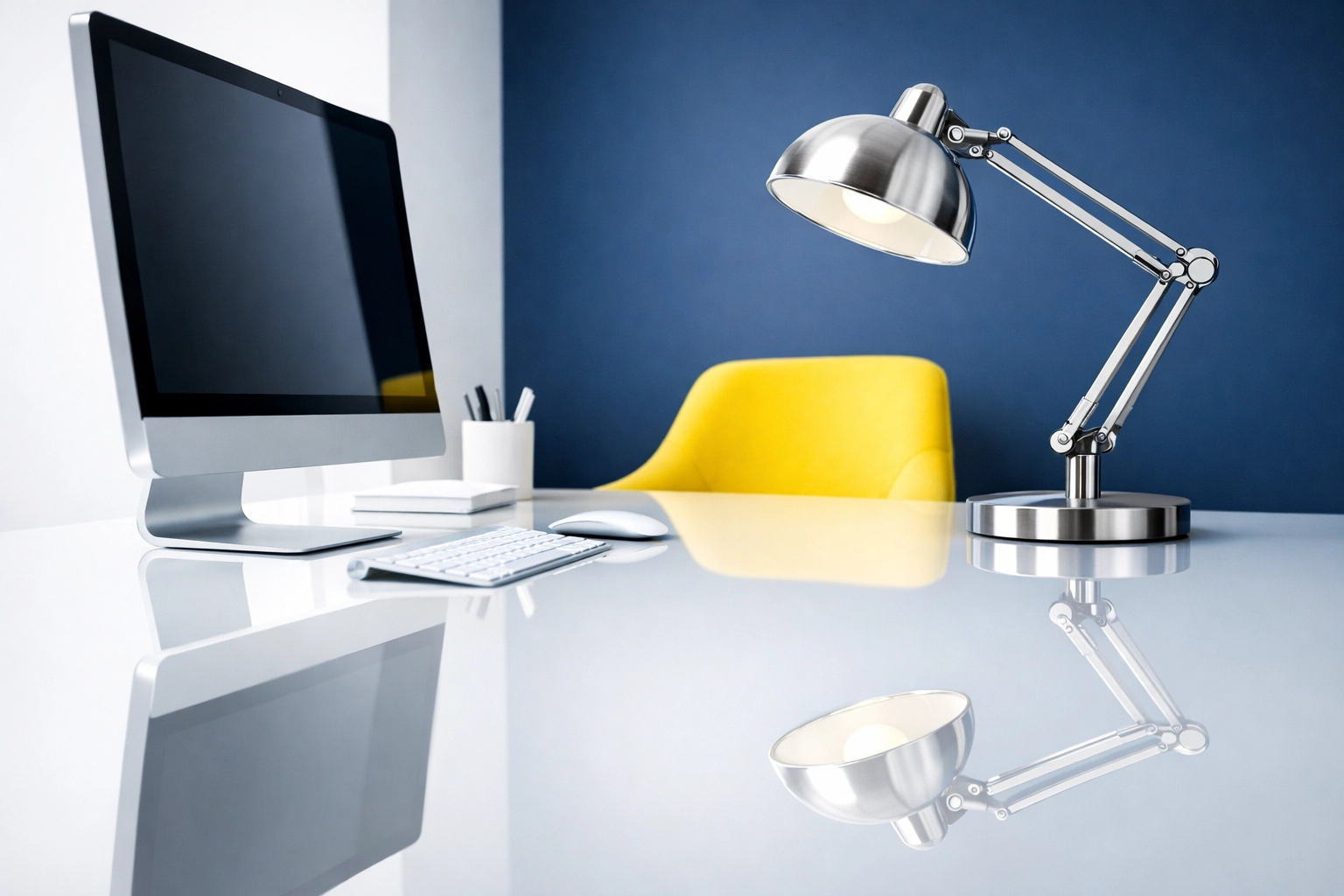 Clean, minimalist home office in Massachusetts with bright light and dust-free surfaces for productivity.