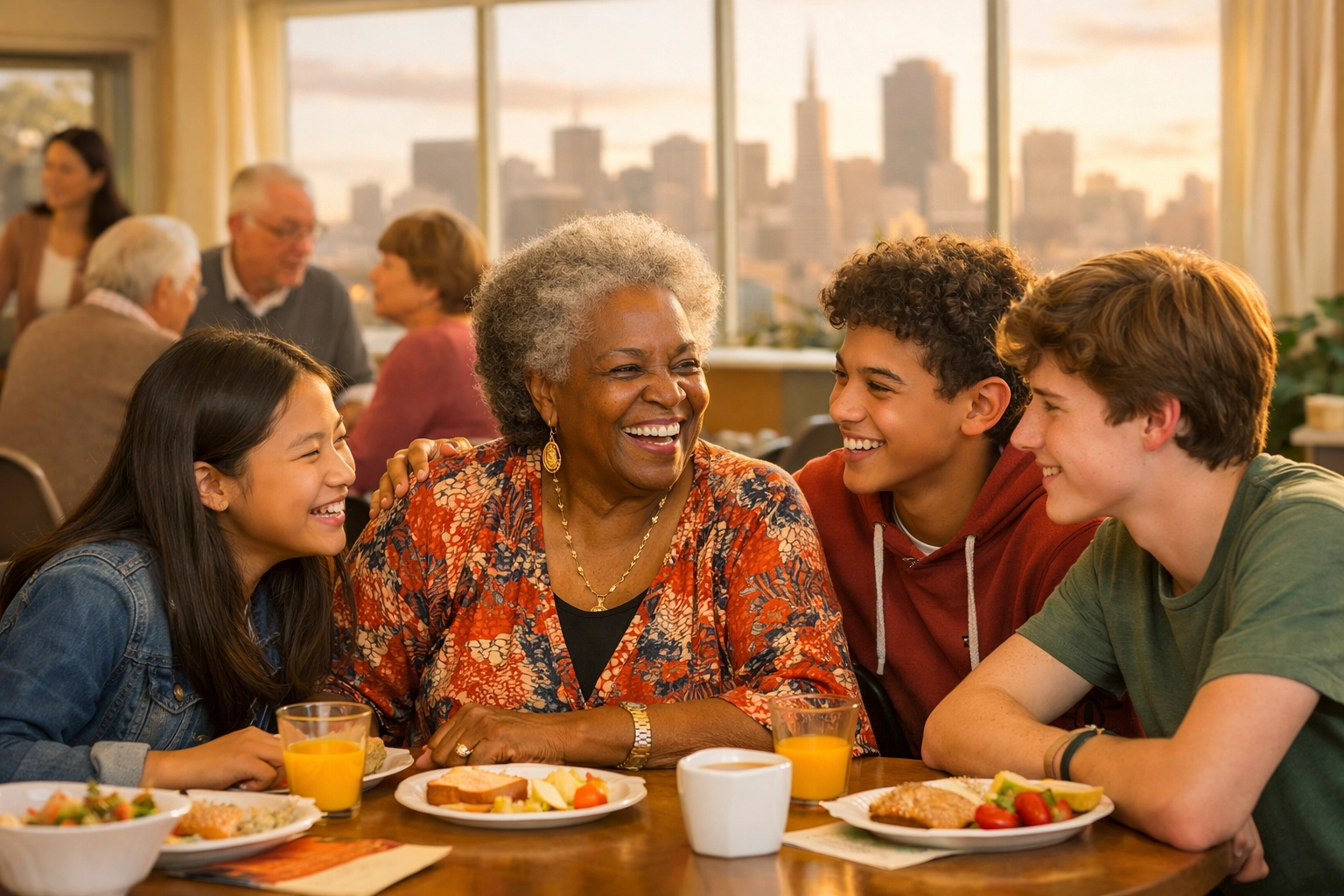 Senior Victory Club member mentoring teenagers at Bay Area community center, demonstrating generational impact