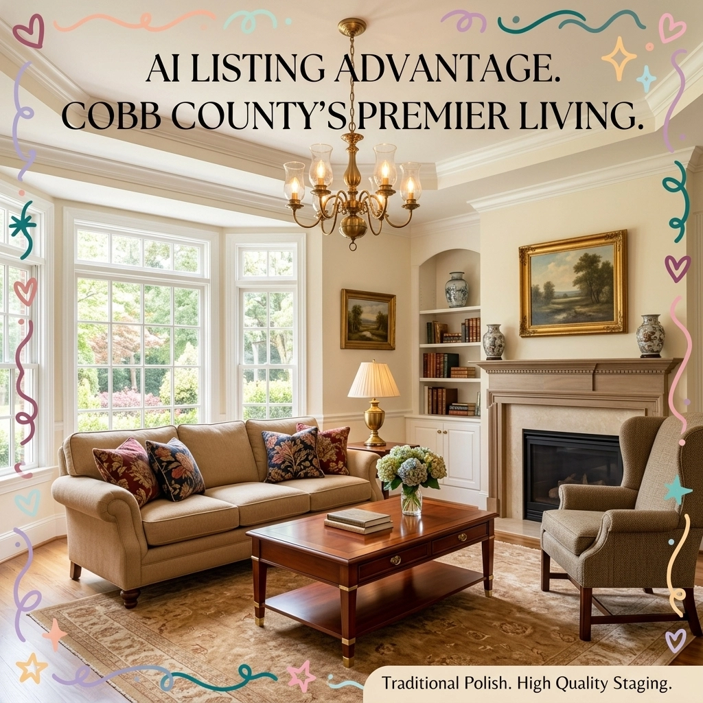 Interior living room of a traditional West Marietta home, bright and airy, showing the polish of an AI Listing Advantage with hand-drawn frame accents.