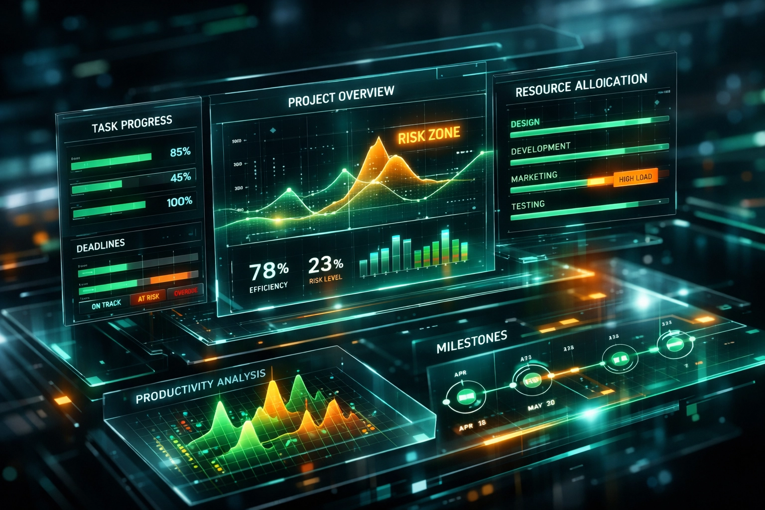 Modernes KI-Dashboard zur Risikominimierung und Echtzeit-Analyse von Projektdaten und Trends.