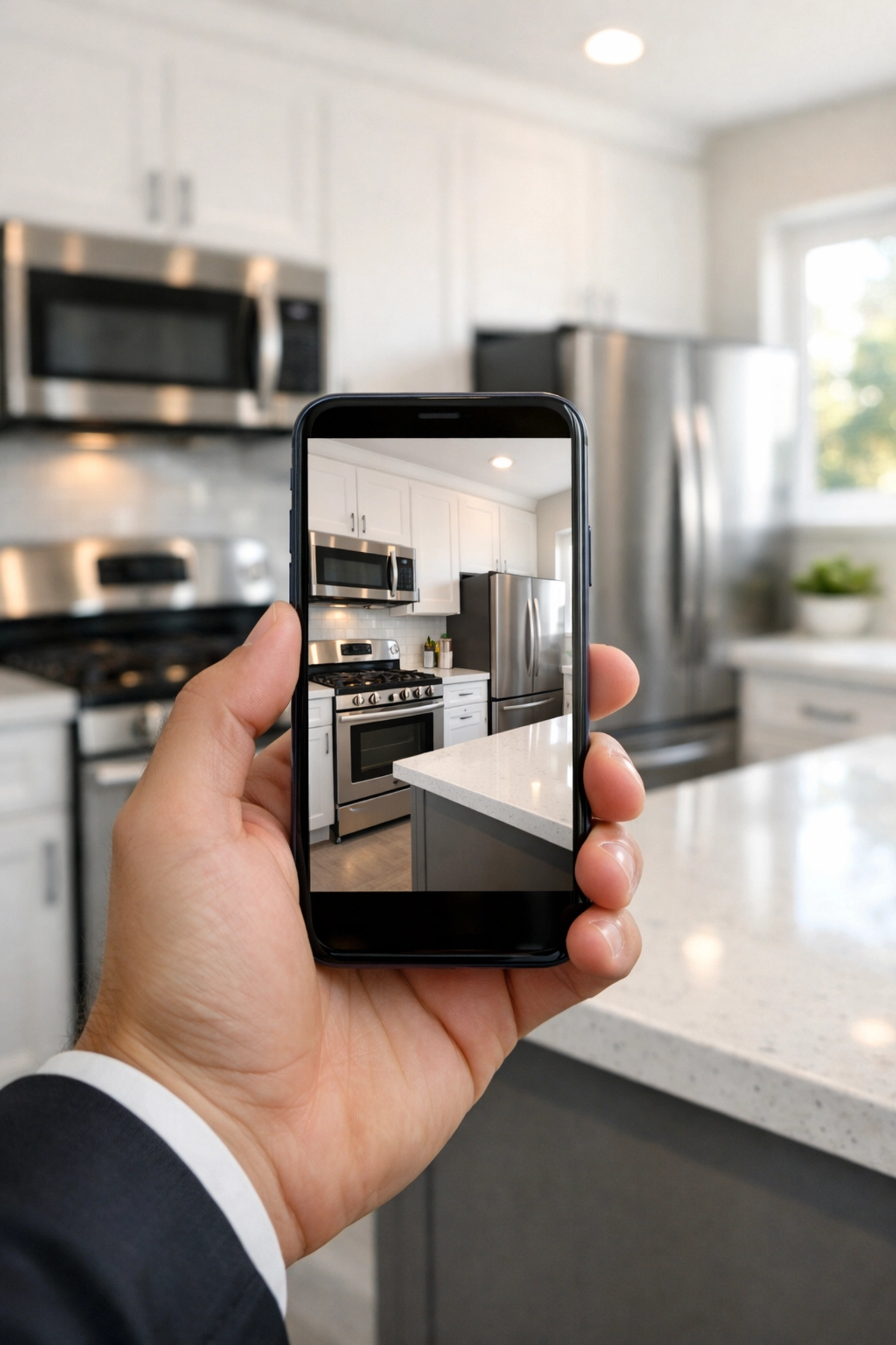 Property manager taking photos of a clean kitchen to document successful move-out cleaning.