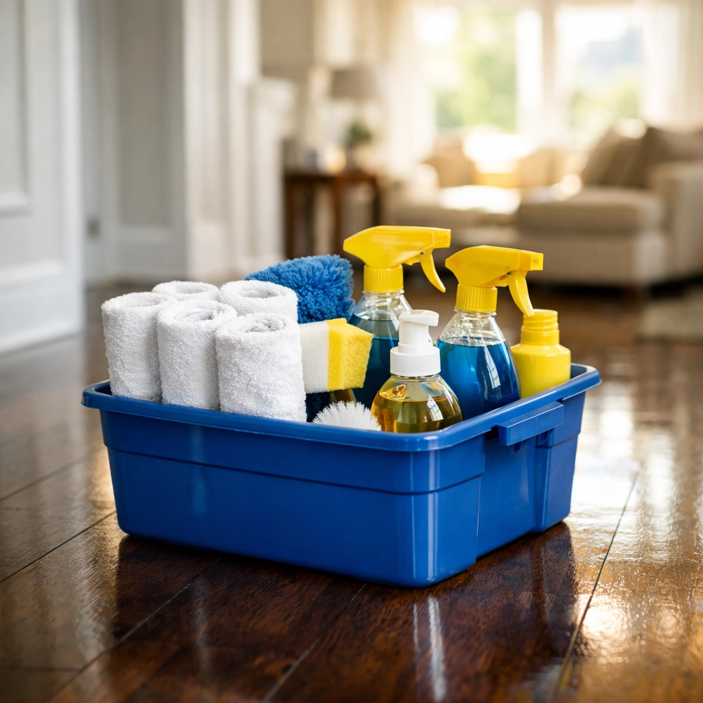 Professional supplies used for eco-friendly house cleaning MA on polished residential hardwood floors.