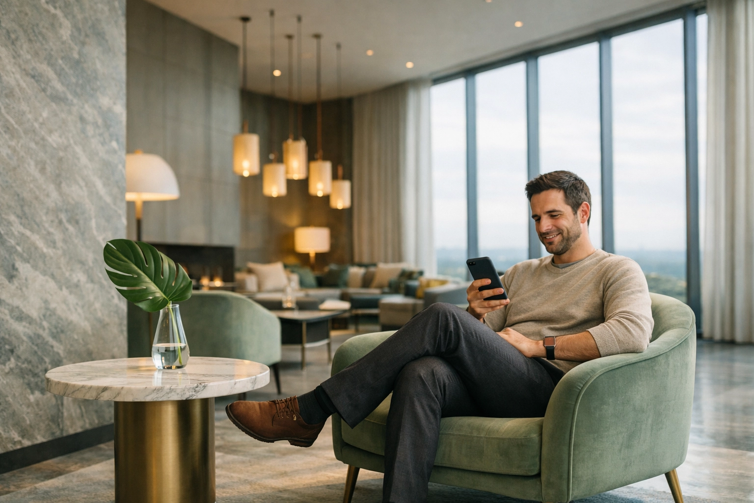 A hotel guest comfortably using a mobile booking engine and self-service features on a smartphone.