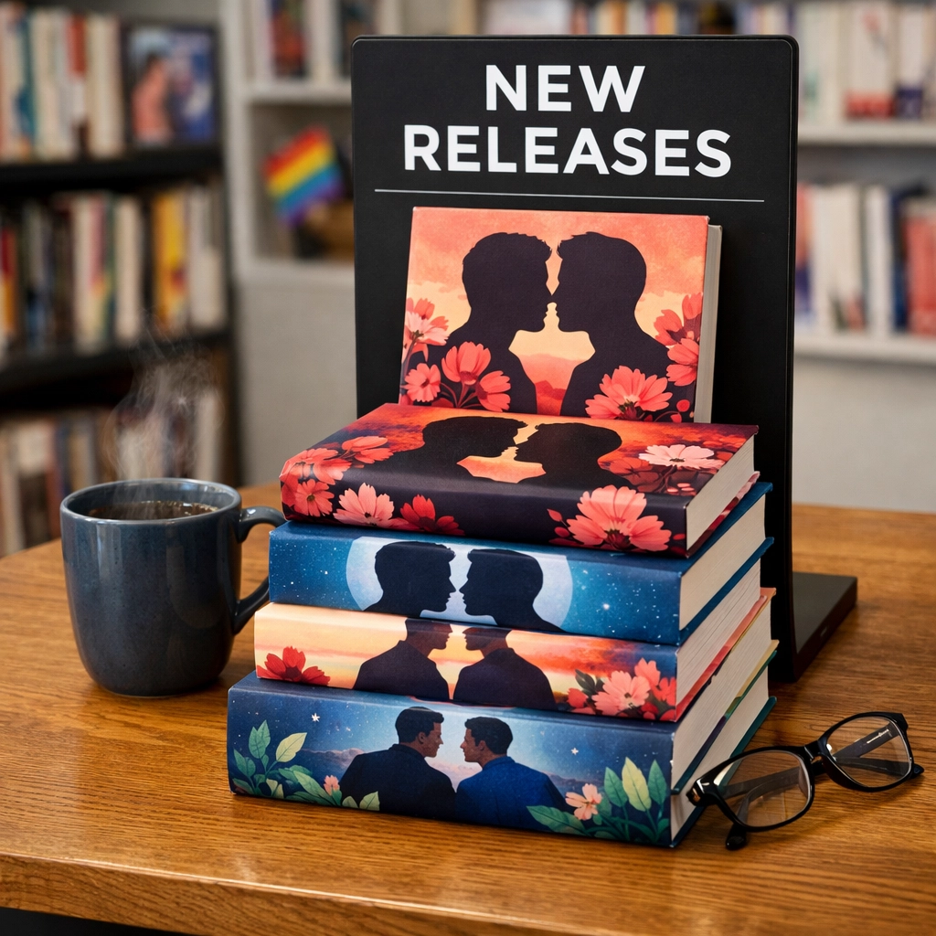 A curated display of the best new MM romance books of 2026 on a table in a bright queer bookstore.