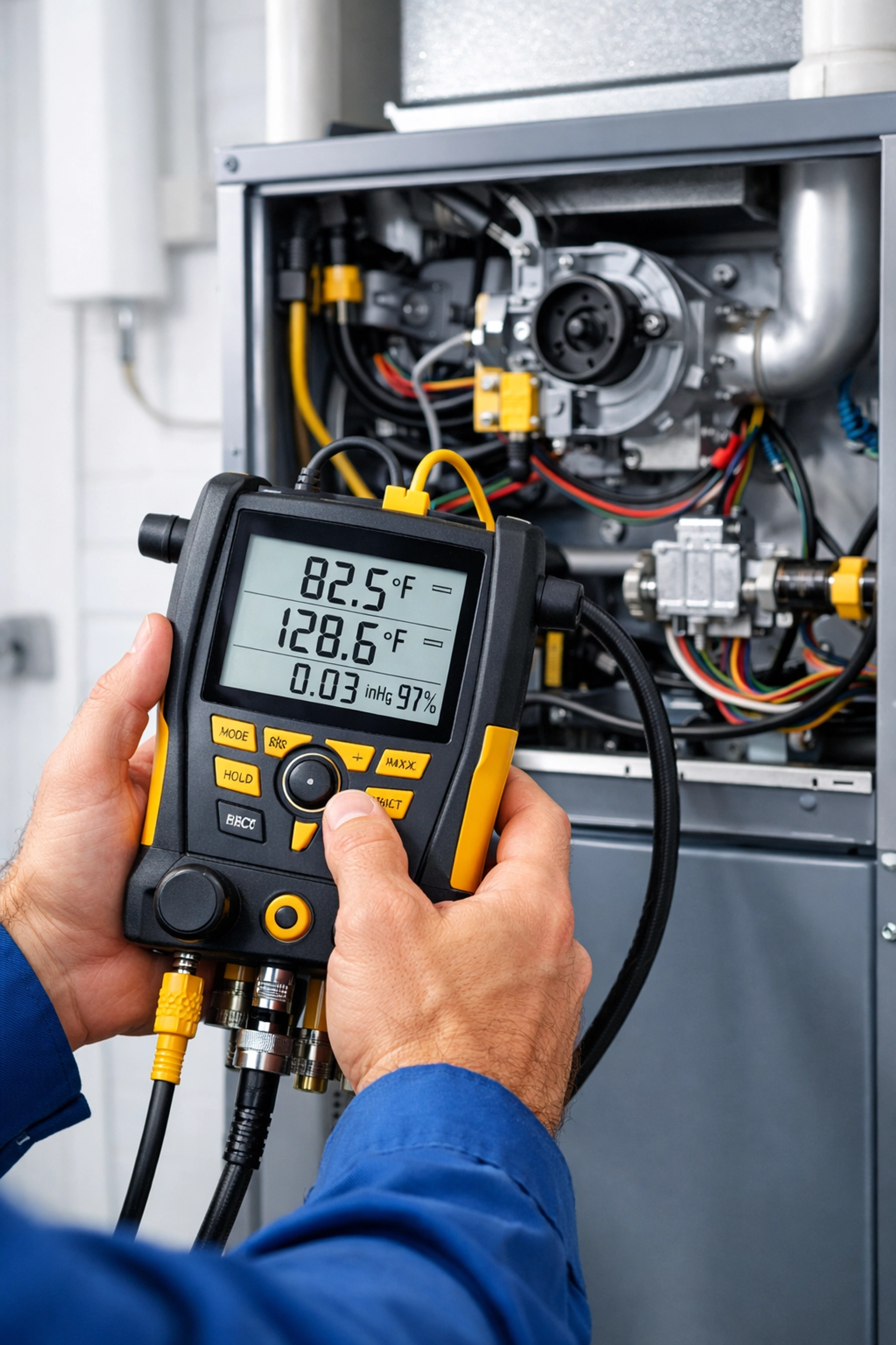 Professional technician performing HVAC maintenance and a furnace tune-up to ensure winter reliability.