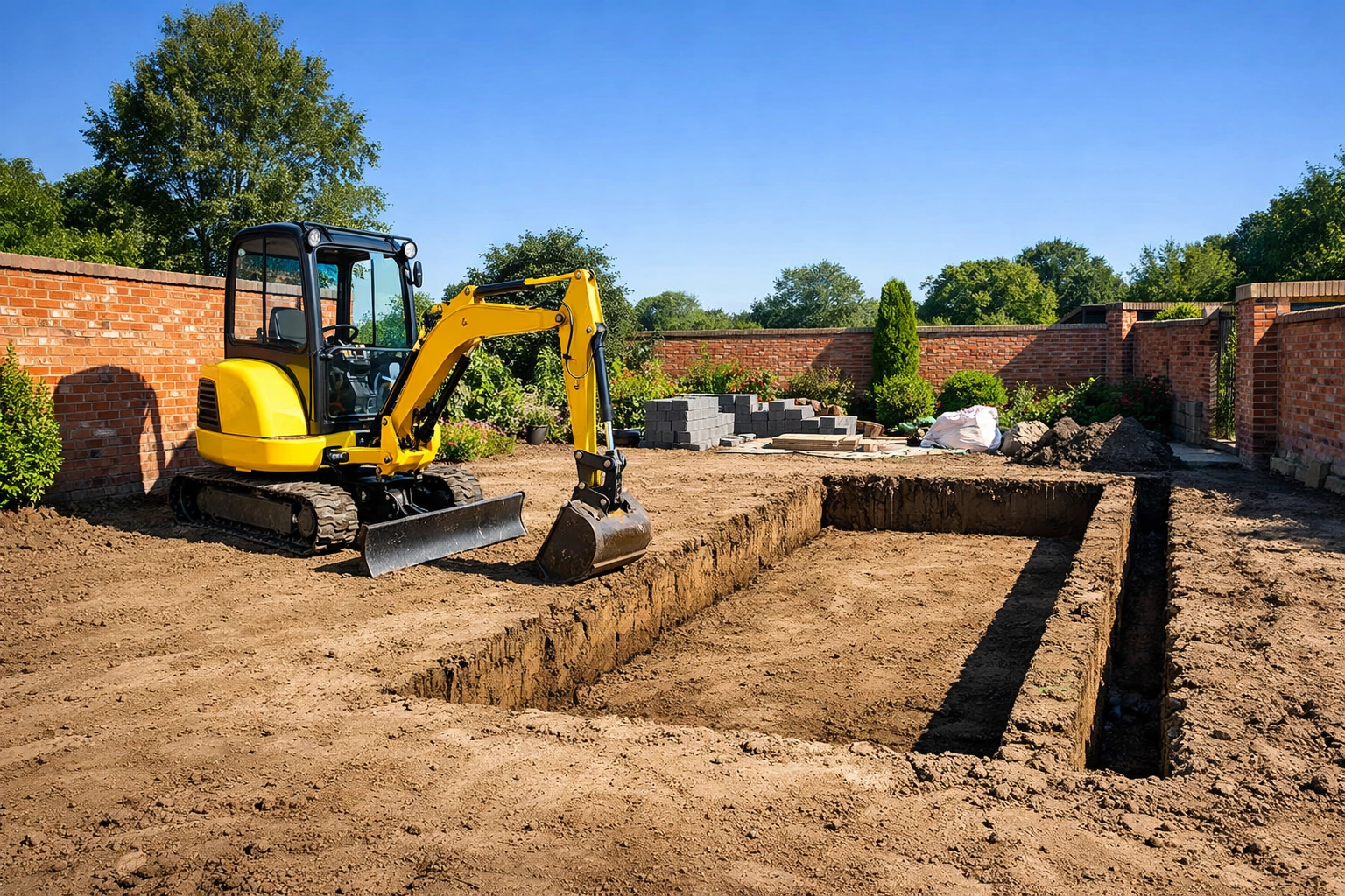 Yellow mini digger preparing ground and foundations for a residential garden renovation.