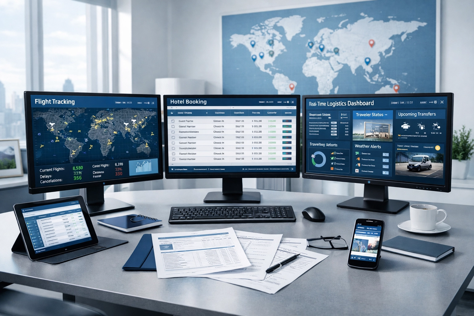 Corporate travel management command center with flight and logistics tracking systems