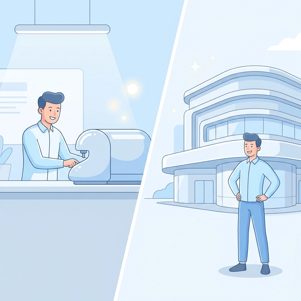 Business owner choosing between new equipment and a commercial property, showcasing growth options