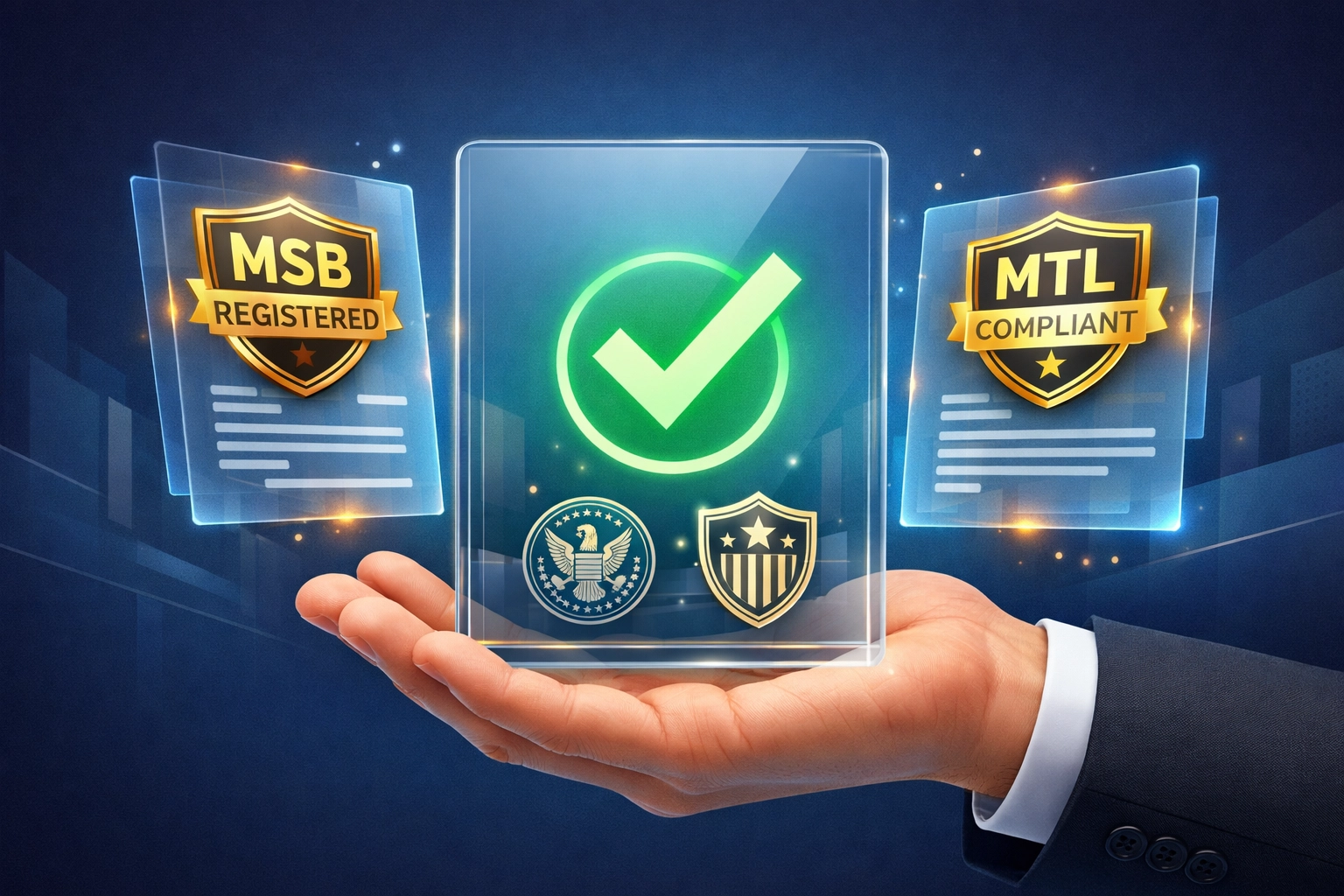 Crypto payment compliance certification with MSB and MTL regulatory badges