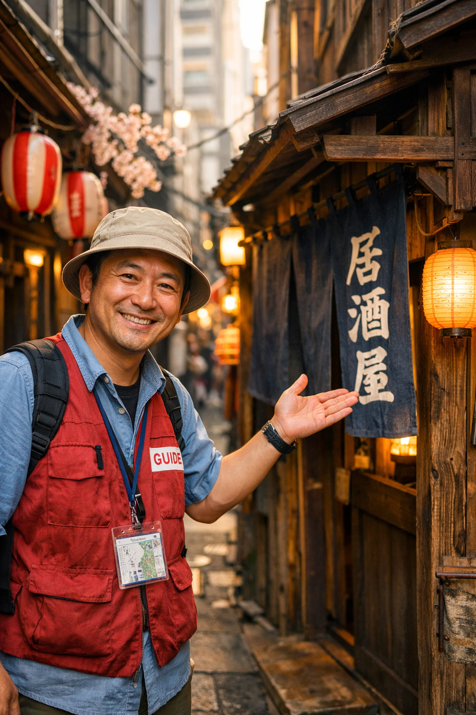 The Ultimate Guide to Tokyo Food Tours: Everything You Need to Succeed (and Stay Full) 1 Local Japanese food tour guide showing a hidden traditional restaurant in a quiet Tokyo alleyway.