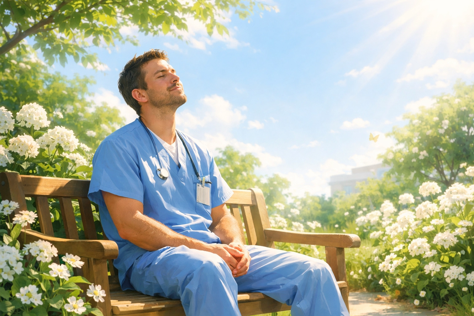 A healthcare worker in scrubs rests on a garden bench seeking spiritual strength and rest.