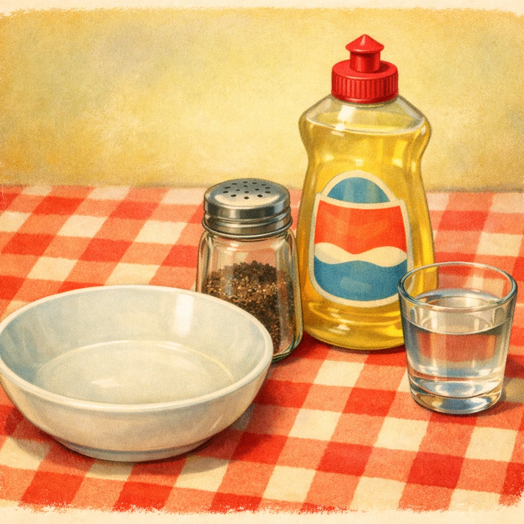 Kitchen science materials for pepper scatter experiment including bowl, pepper, soap, and water