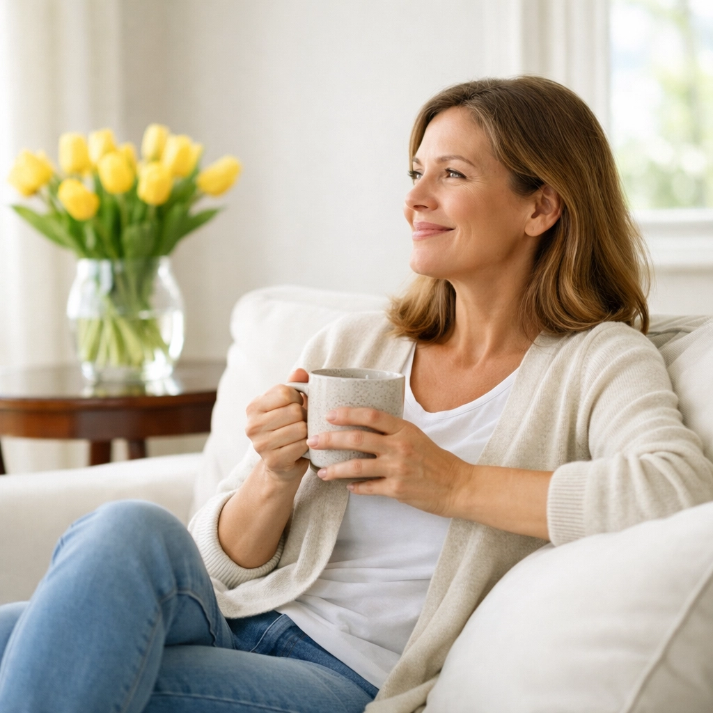 Relaxed homeowner enjoying a spotless living room after professional house cleaning in Tewksbury, MA.