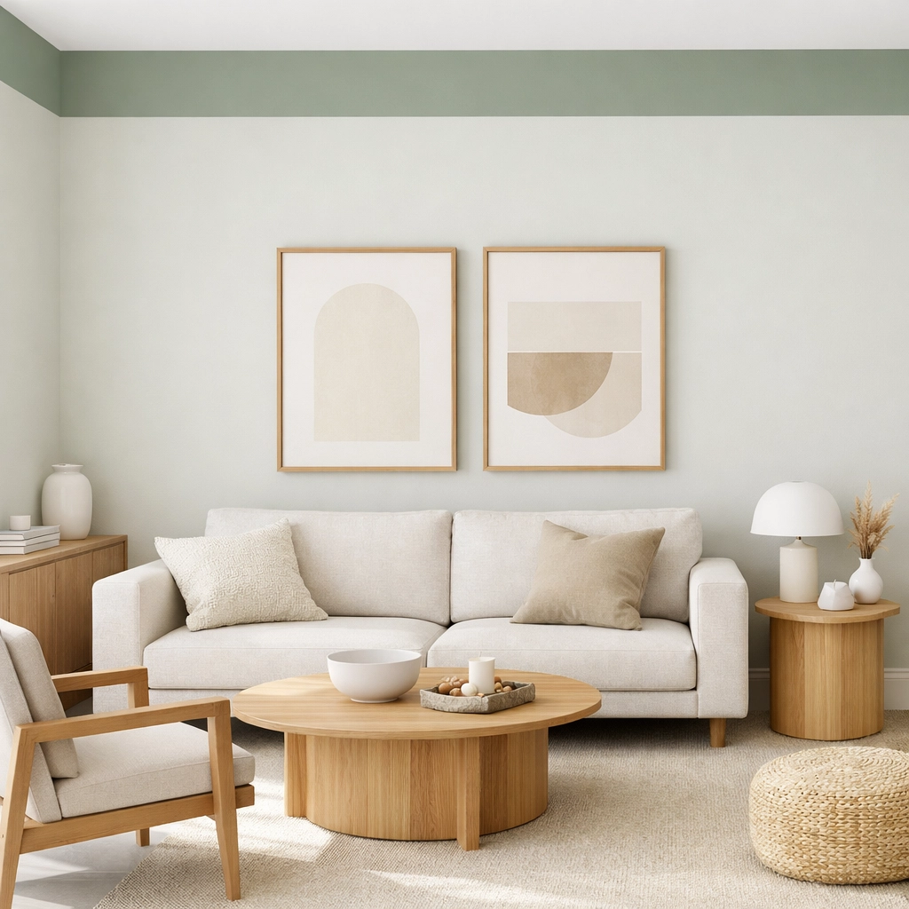 Modern living room featuring a sage green colour capping technique on the ceiling by decorators in Cheltenham.
