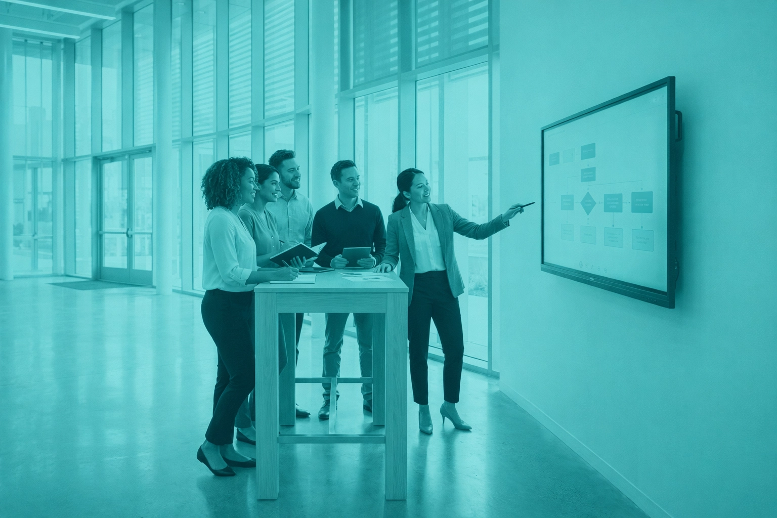 A diverse business team collaborating around workflow diagrams in a modern office, illustrating people-centered SAP adoption strategies.