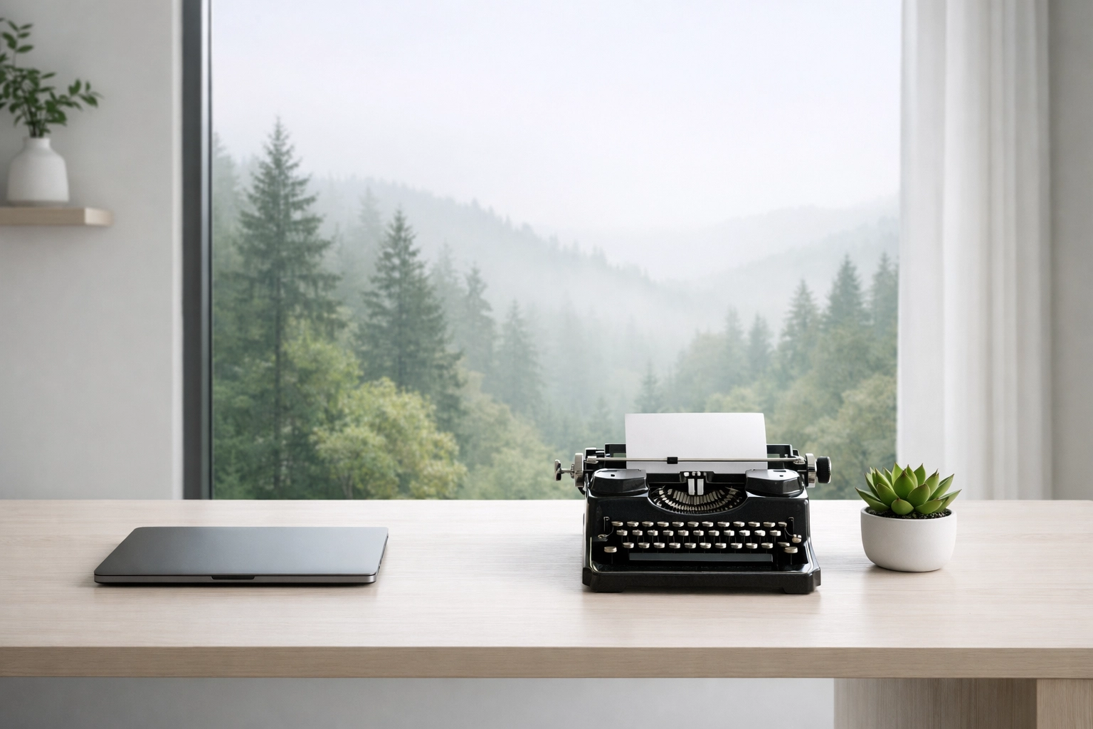 A clean, minimalist home office featuring a laptop and manual typewriter for a balanced lifestyle.