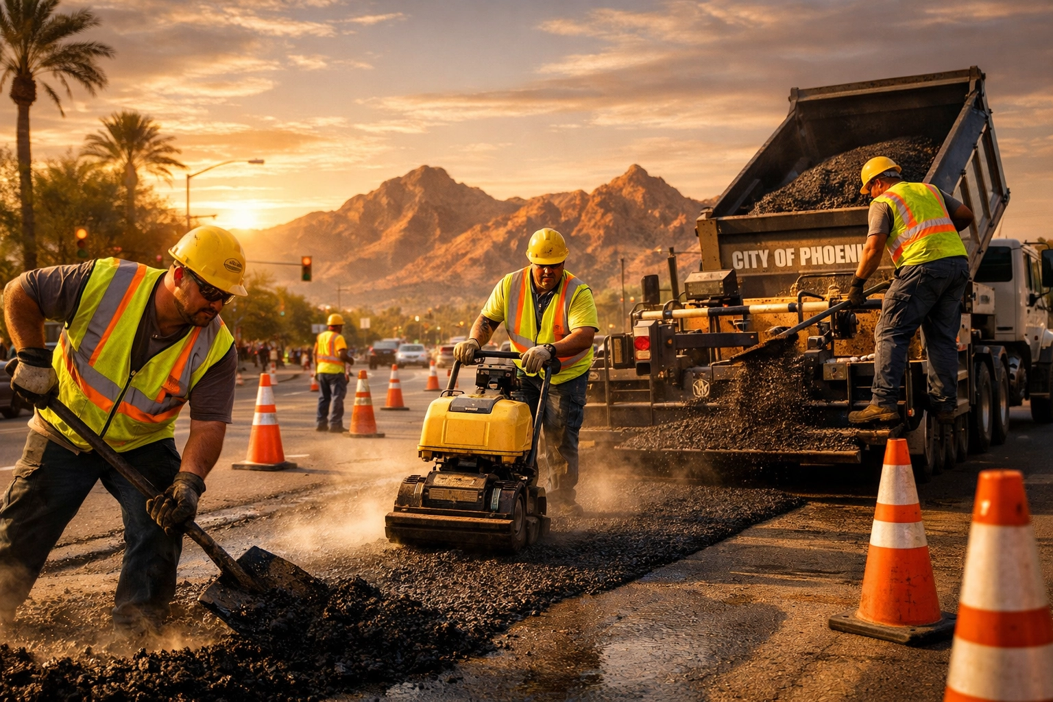 Phoenix public works crew repairing street with Arizona mountains in background