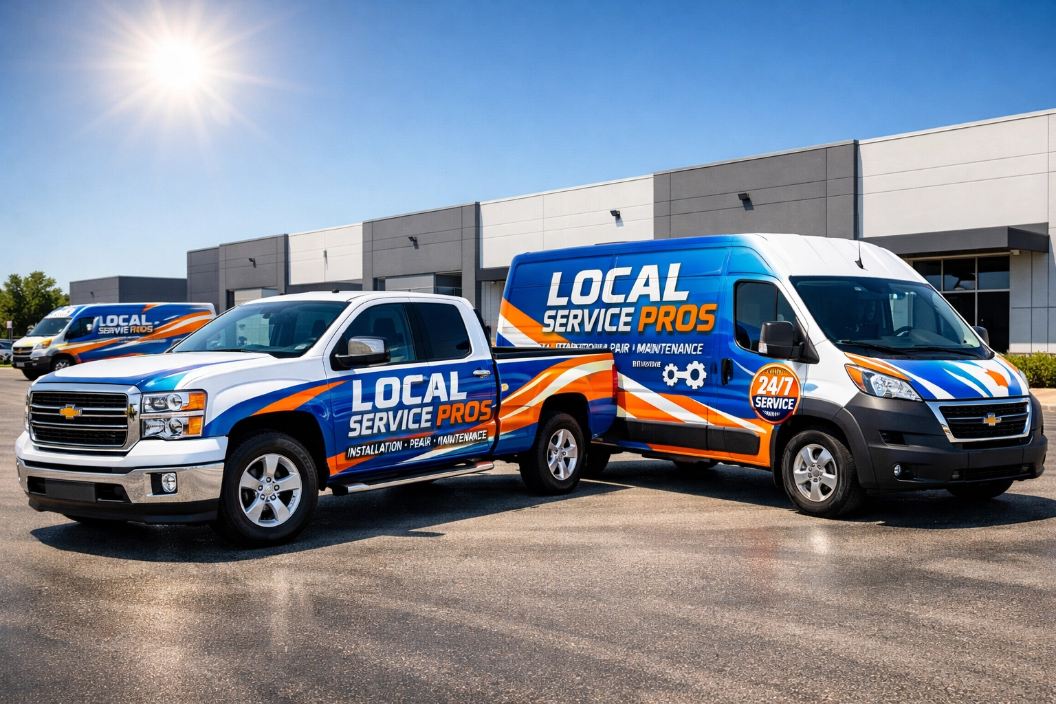Fleet of service trucks and vans with matching professional vehicle wraps.