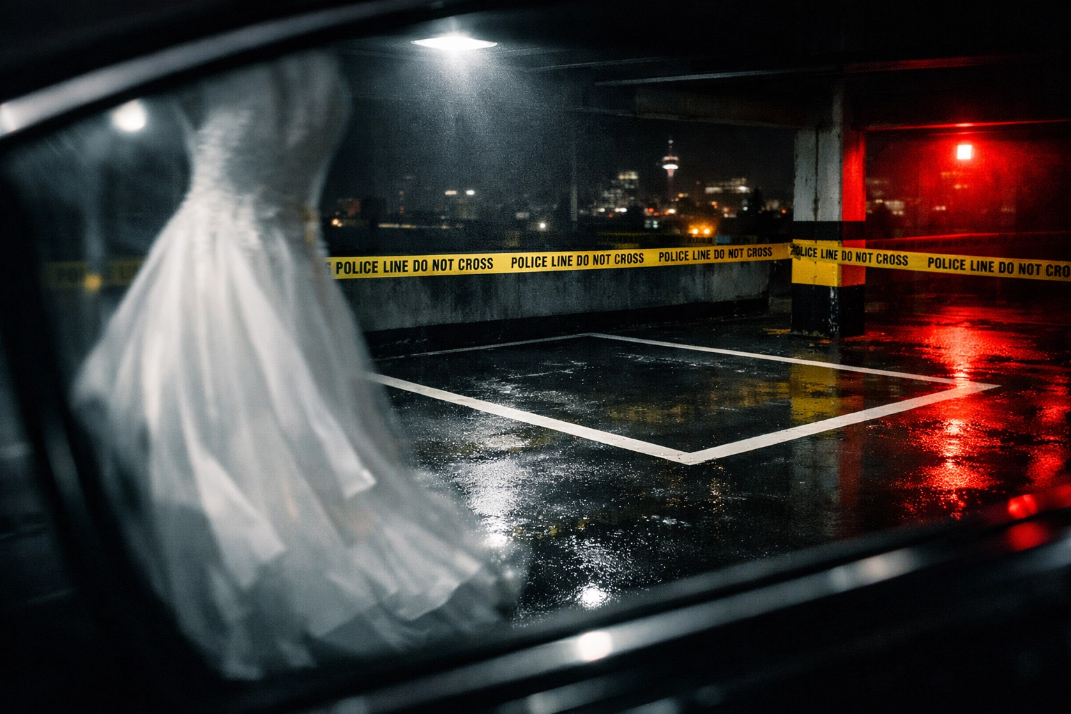 Crime scene tape marks parking spot where Calgary couple's vehicle with wedding items was stolen