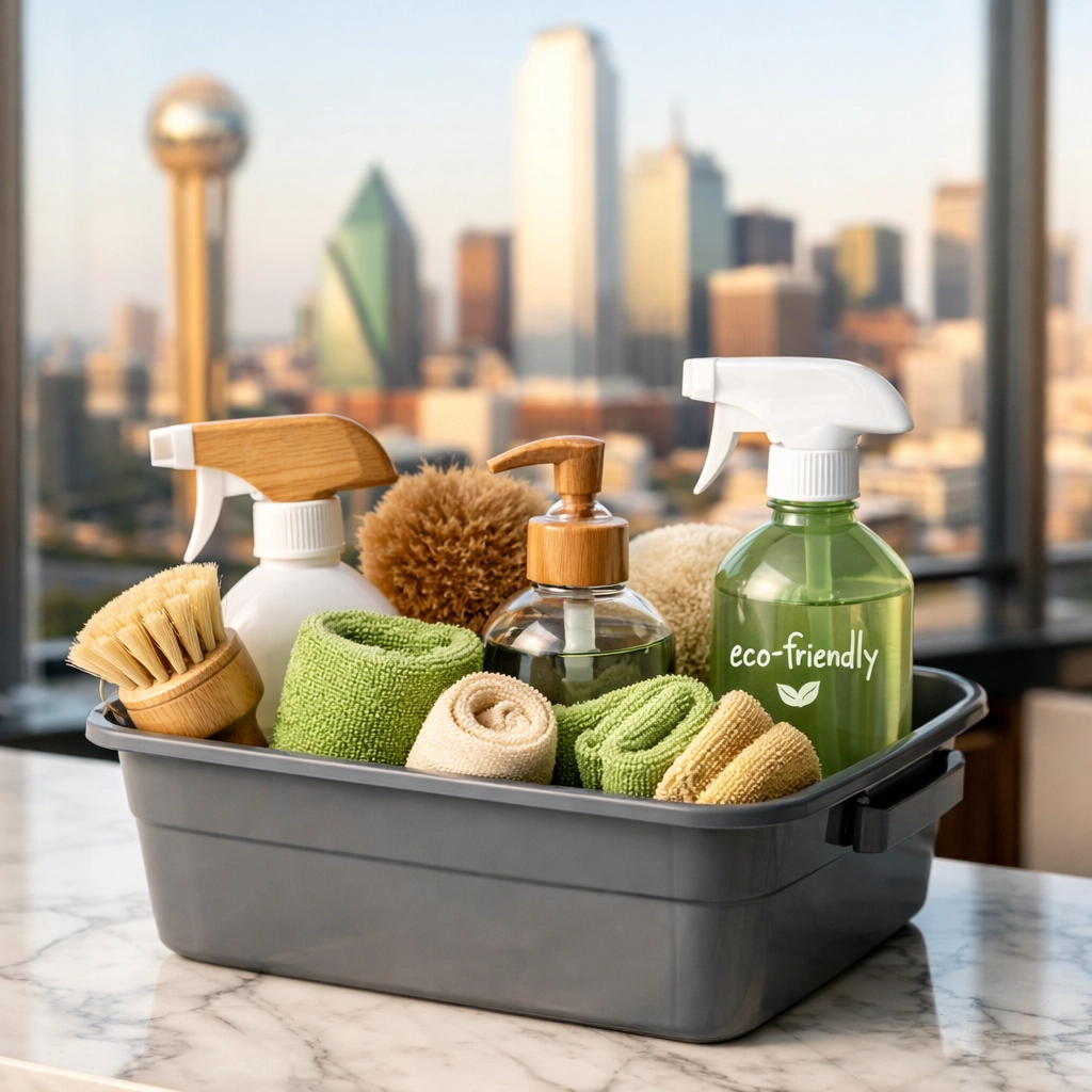 Cleaning supplies caddy in DFW luxury apartment with skyline view for property management