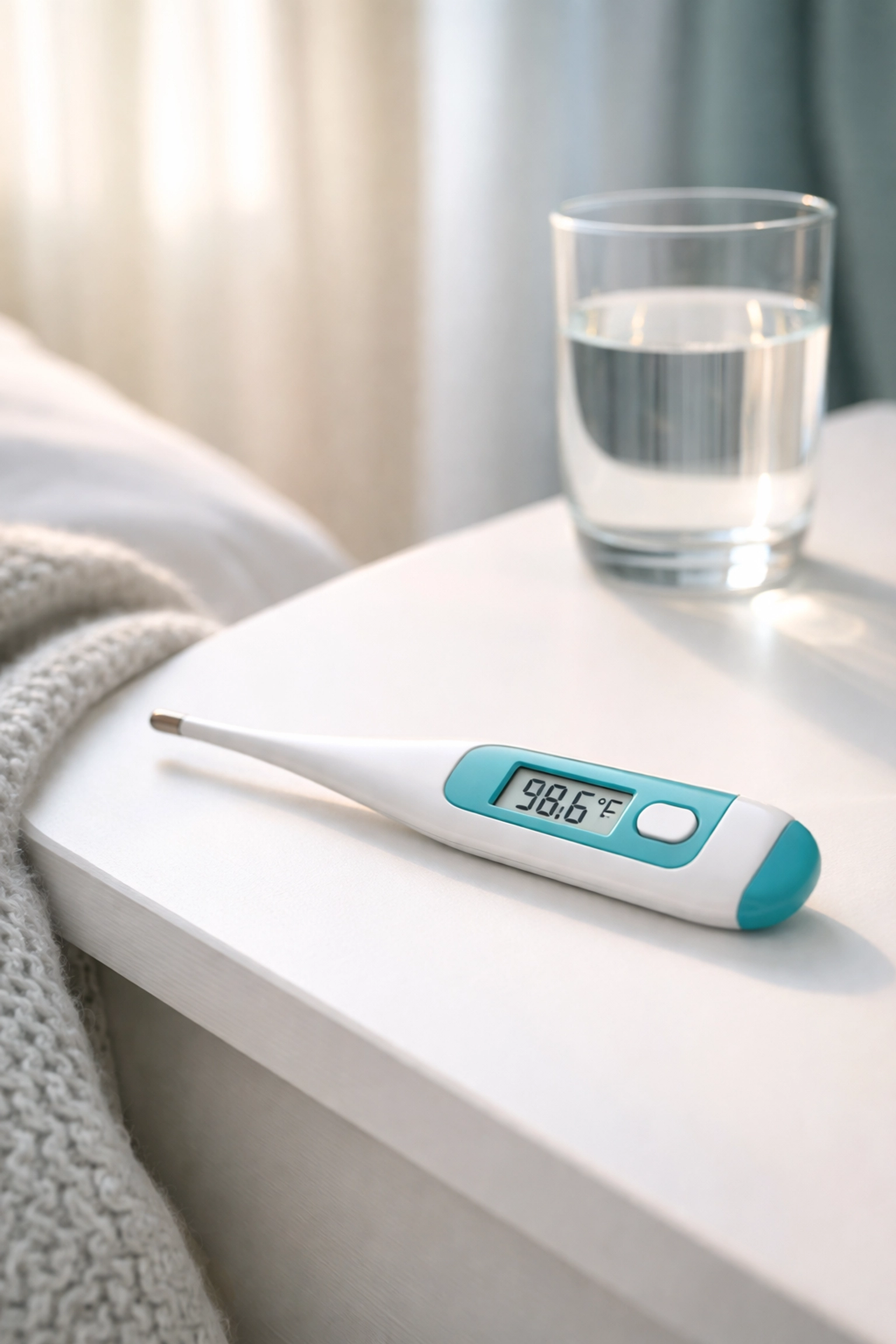 Digital thermometer on bedside table for accurate fever readings, perfect for family health and daily wellness routines.