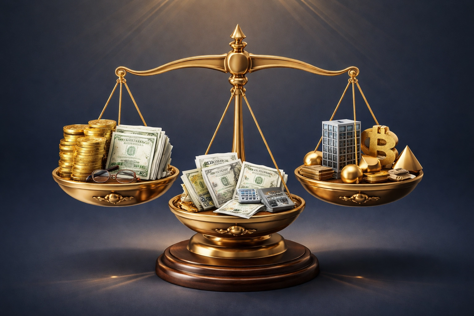 Scale representing 40 percent equities, 30 percent bonds, and 30 percent alternatives in a modern portfolio