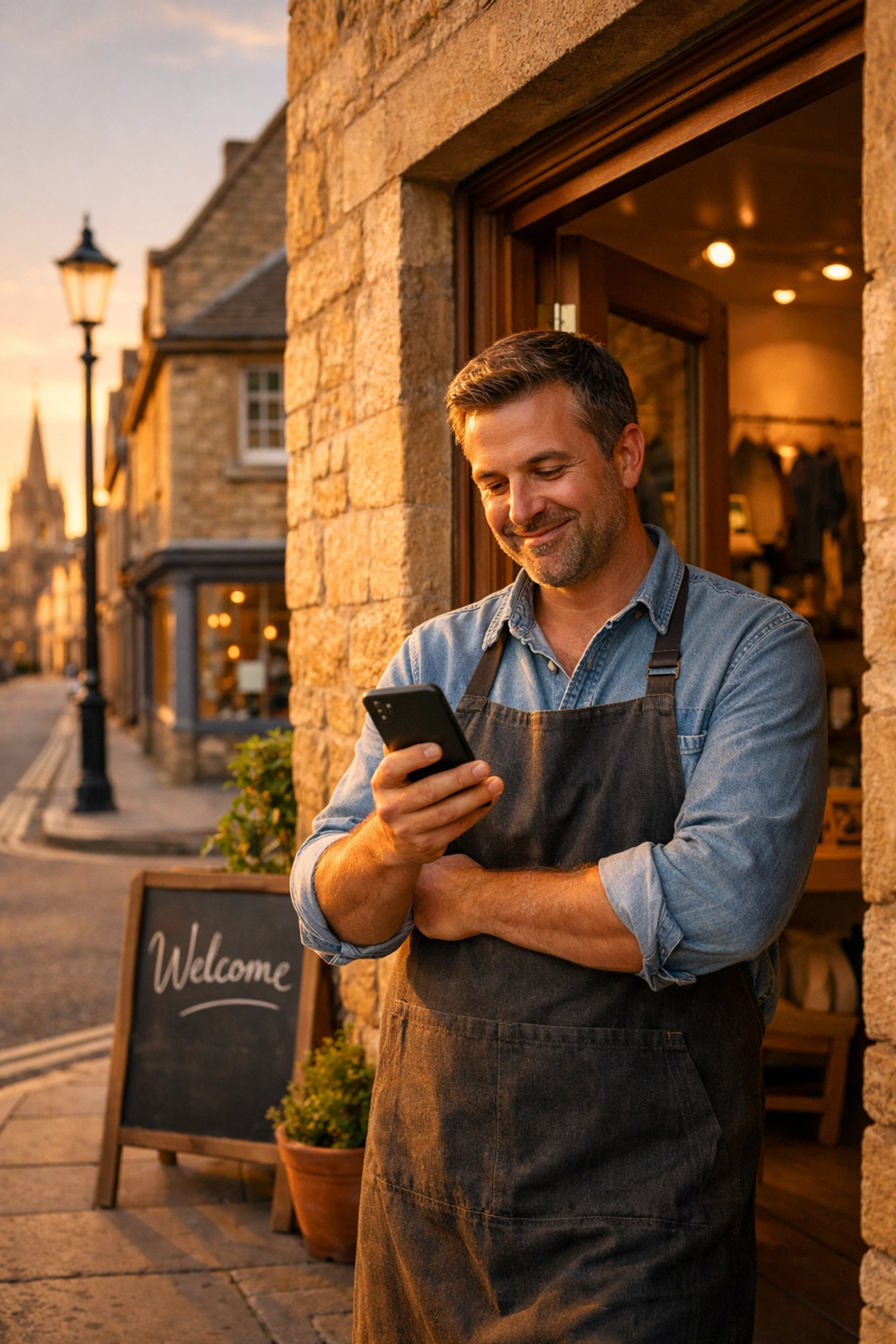 Oxford business owner using a smartphone to view live CCTV camera feeds with no monthly fees.