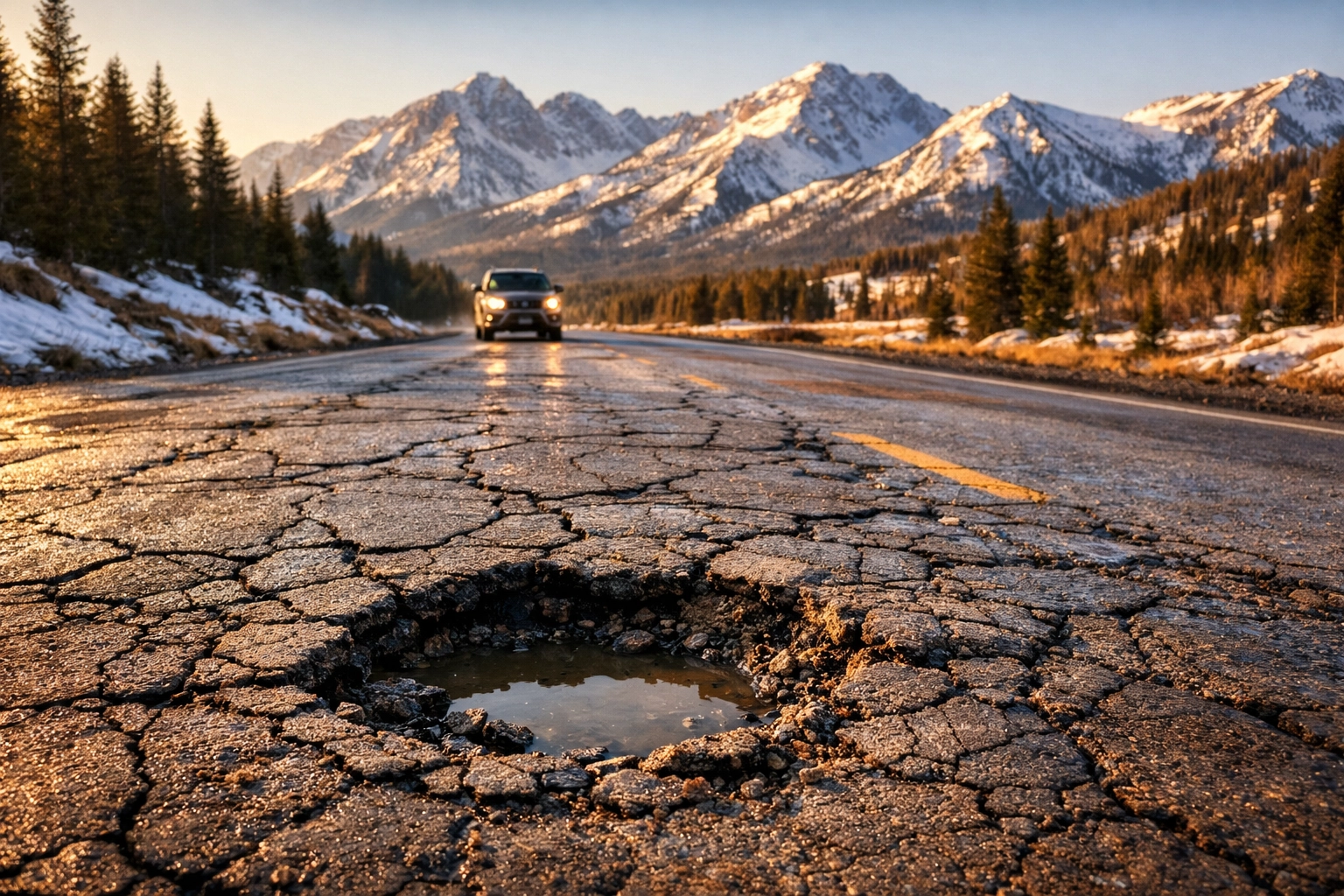 Large pothole on a cracked Idaho road showing how freeze-thaw cycles affect car suspension.