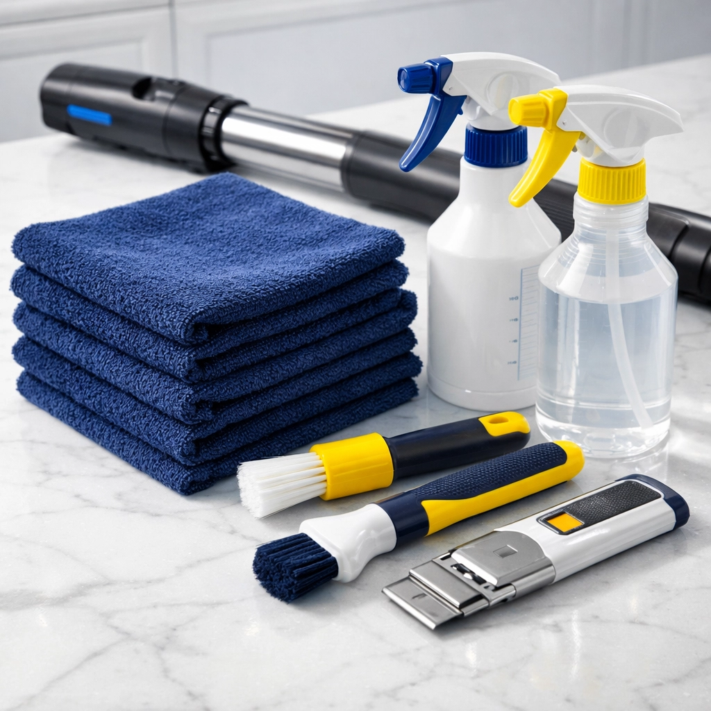 Sanitized professional cleaning tools and microfiber cloths used for a thorough Worcester deep clean.