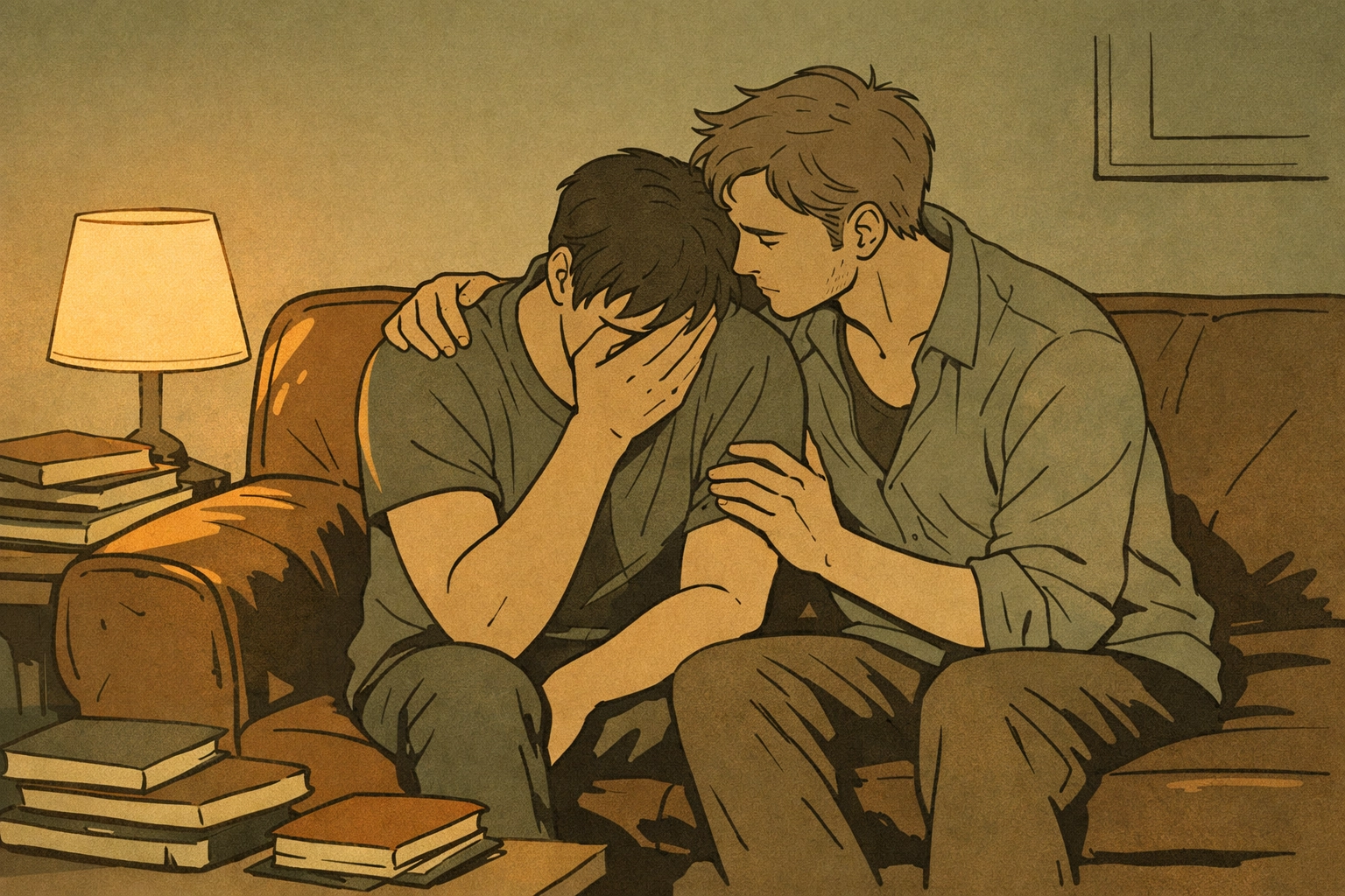Gay couple sharing comfort after trauma - emotional MM horror fiction moment