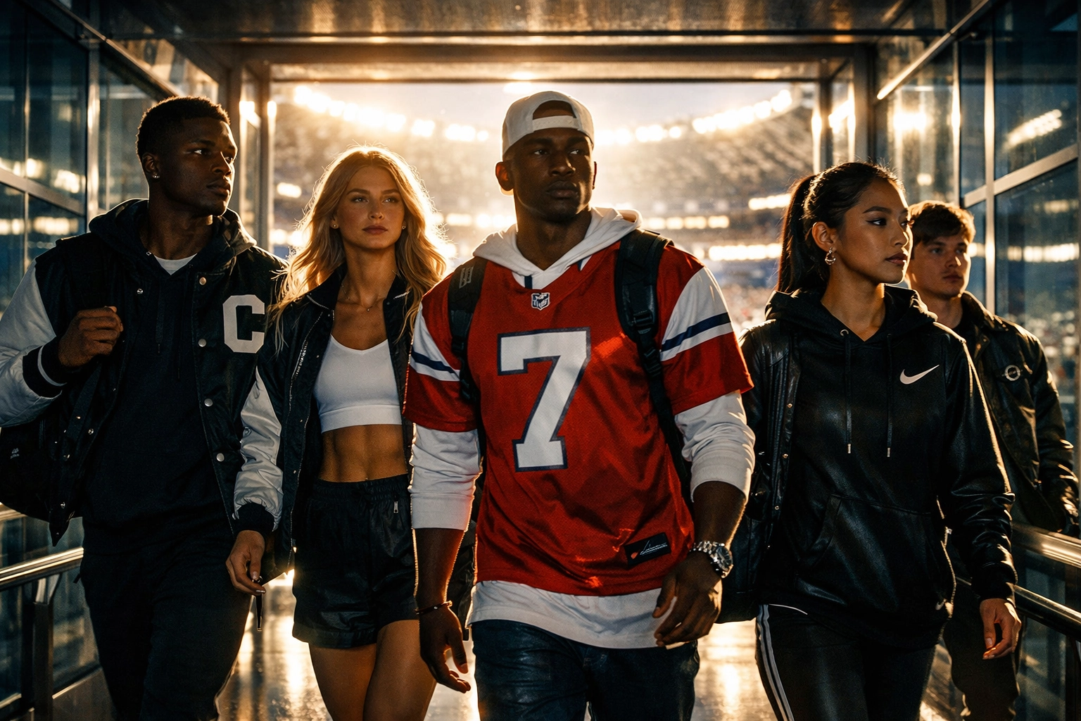 Athletes walking through a stadium tunnel toward a bright arena, representing professional growth.