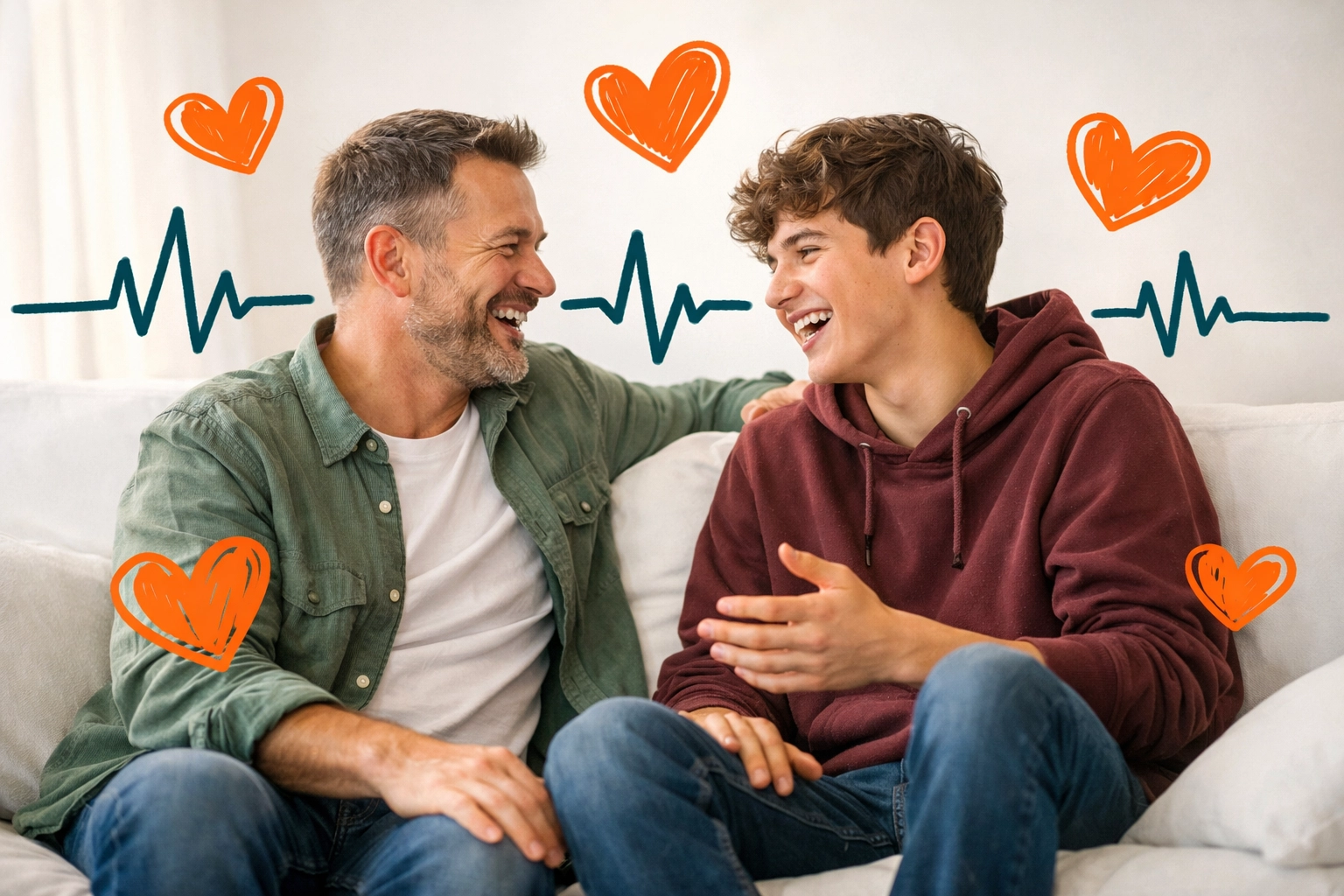 Father and teen son bonding, illustrating emotional intelligence and communication skills taught in our academy.