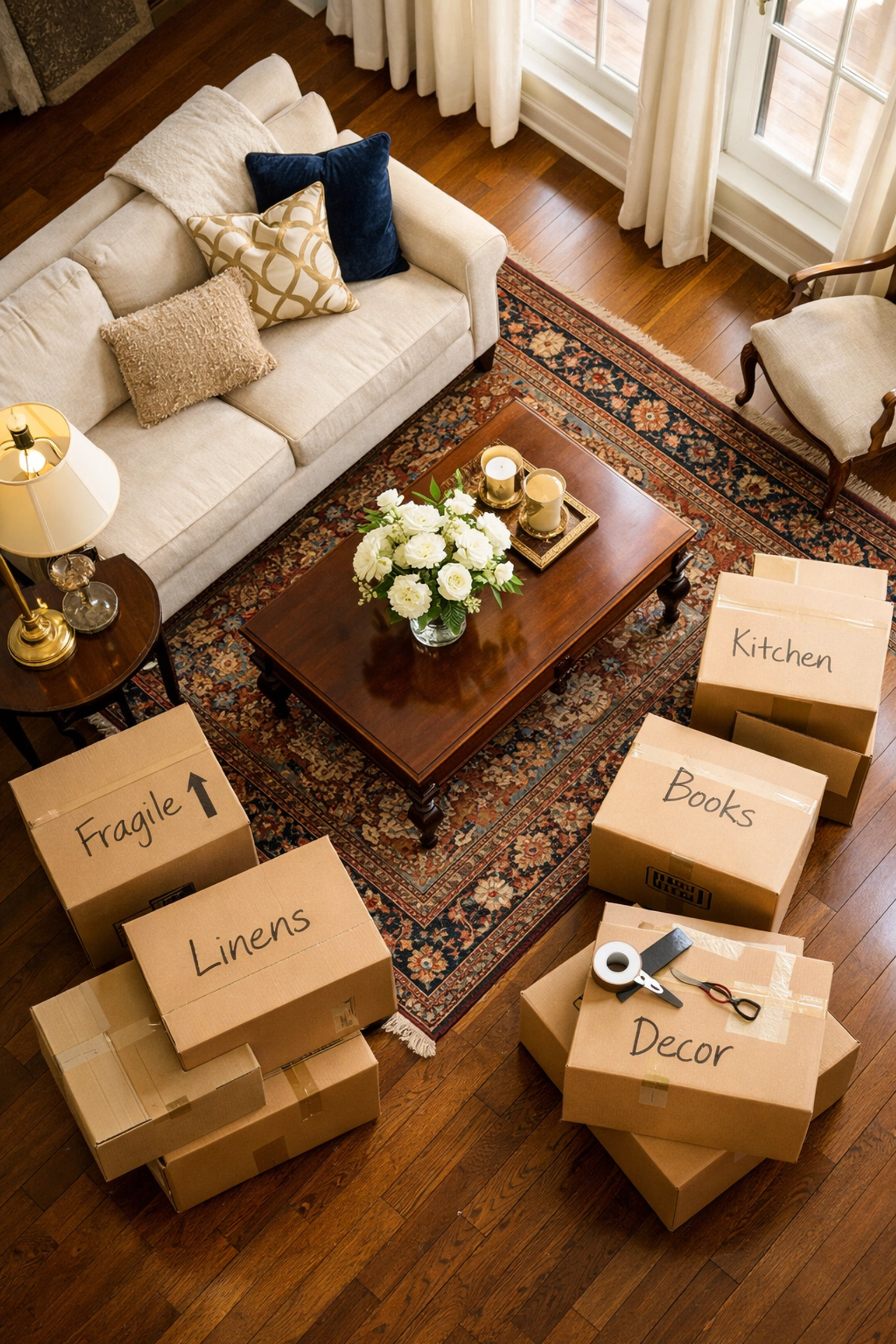 Elegant Dublin living room prepared for downsizing with organized moving boxes and quality furniture