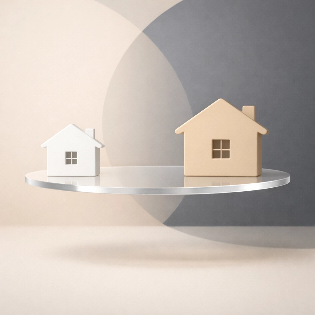 Stylized house icons representing financial balance and property tax comparisons in the Spokane area.