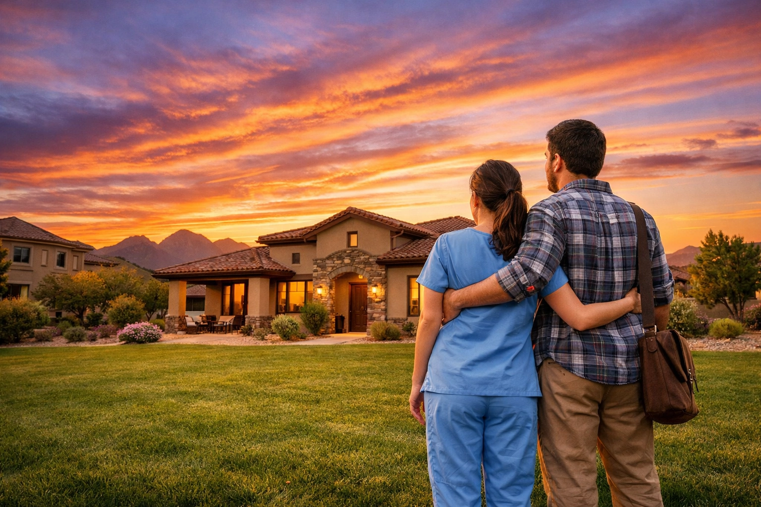 Healthcare worker and teacher in front of their new home in Buckeye Arizona, supported by Rewarding Heroes.