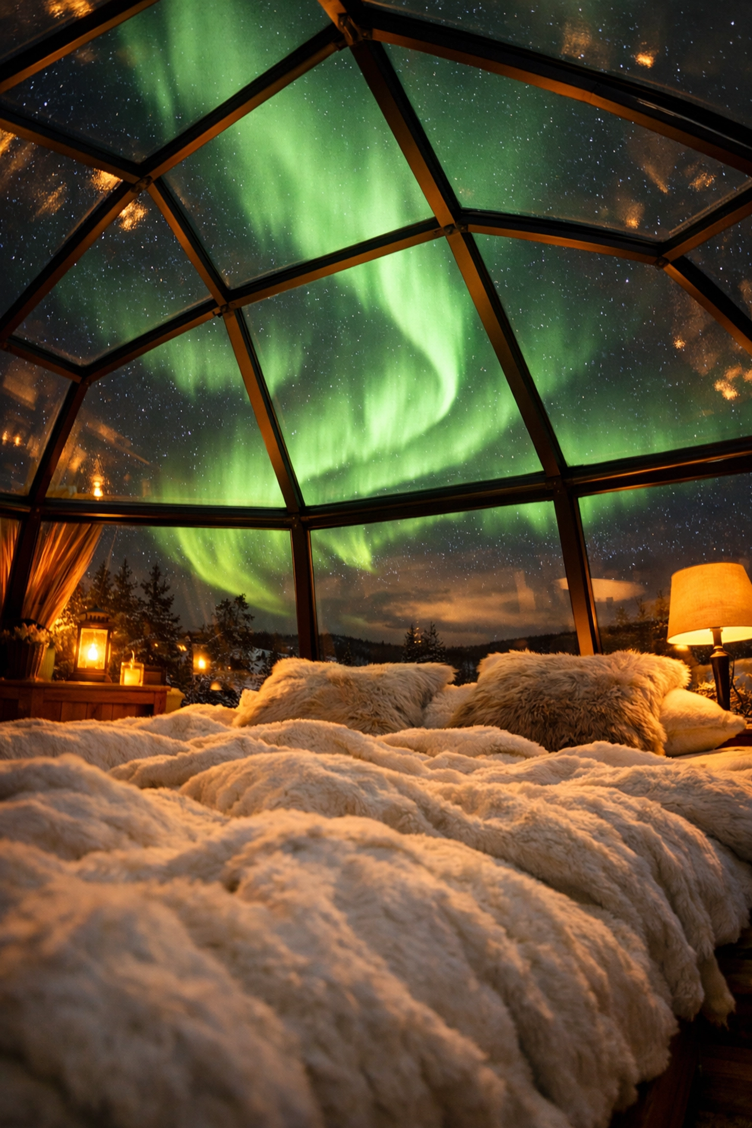Glass igloo accommodation in Norway with Northern Lights visible through transparent ceiling
