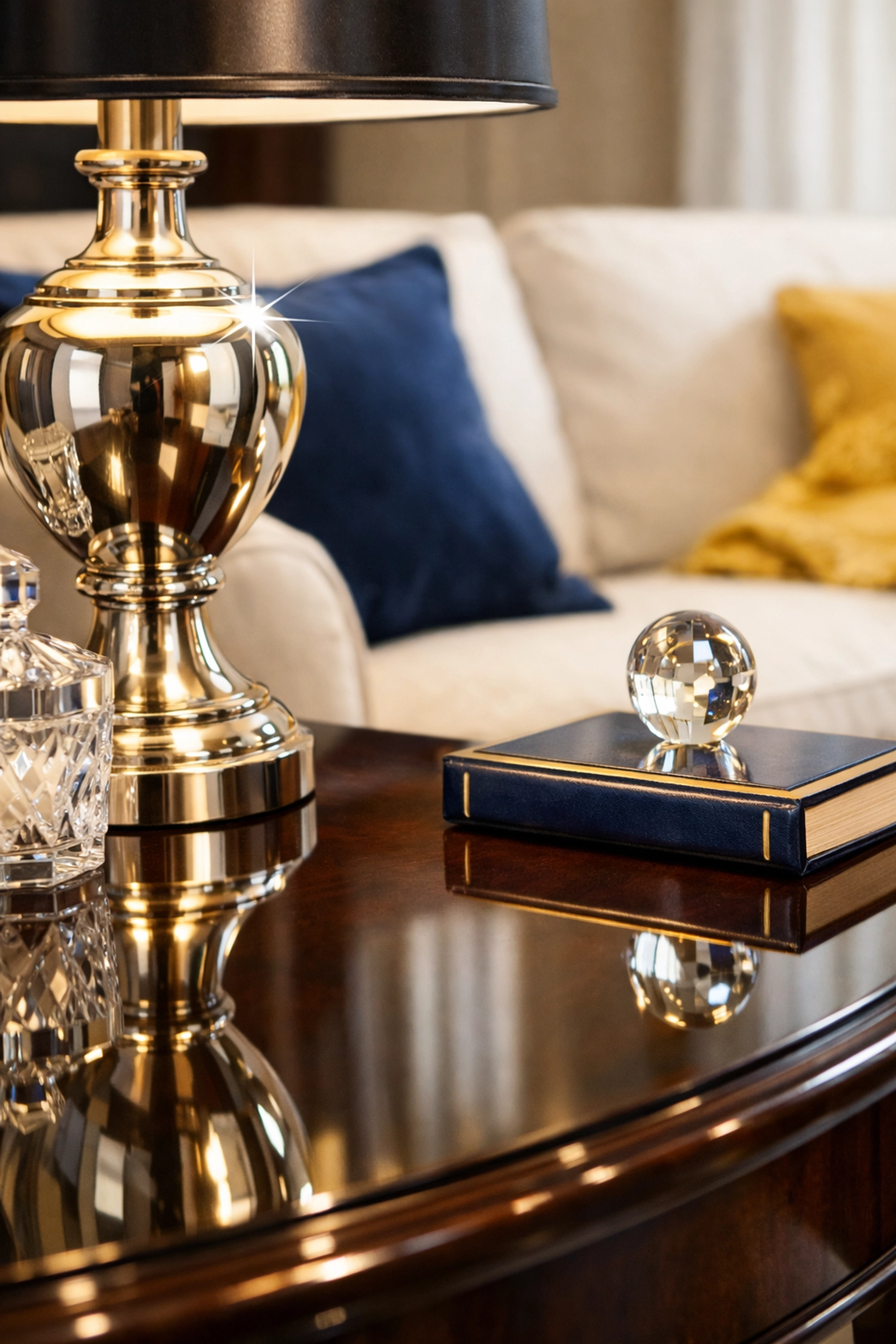 Pristine living room detail showing the dust-free cleaning ninjas touch on a polished side table.